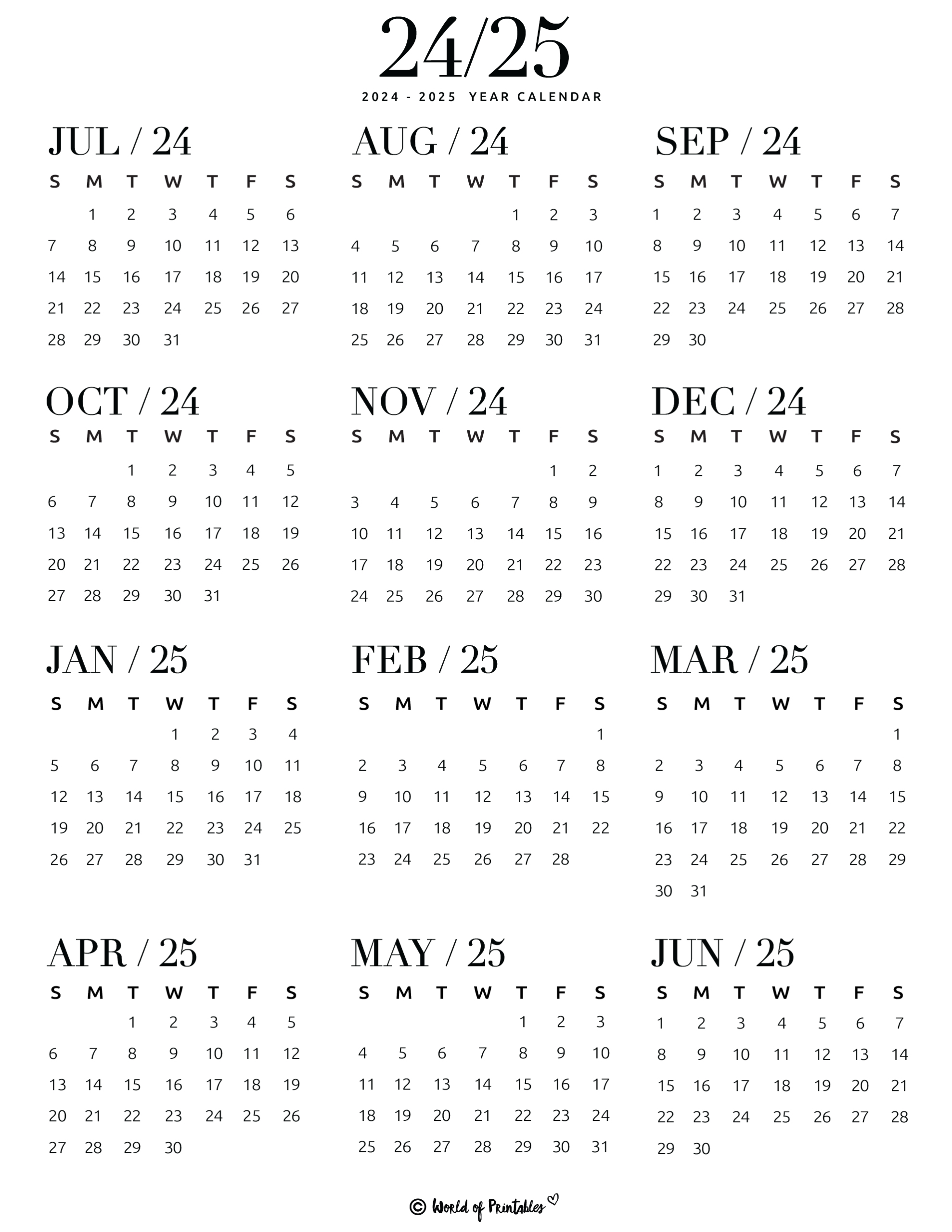 2024 2025 Calendar Free Printables - World Of Printables | Printable 2024 2025 Calendar Printable