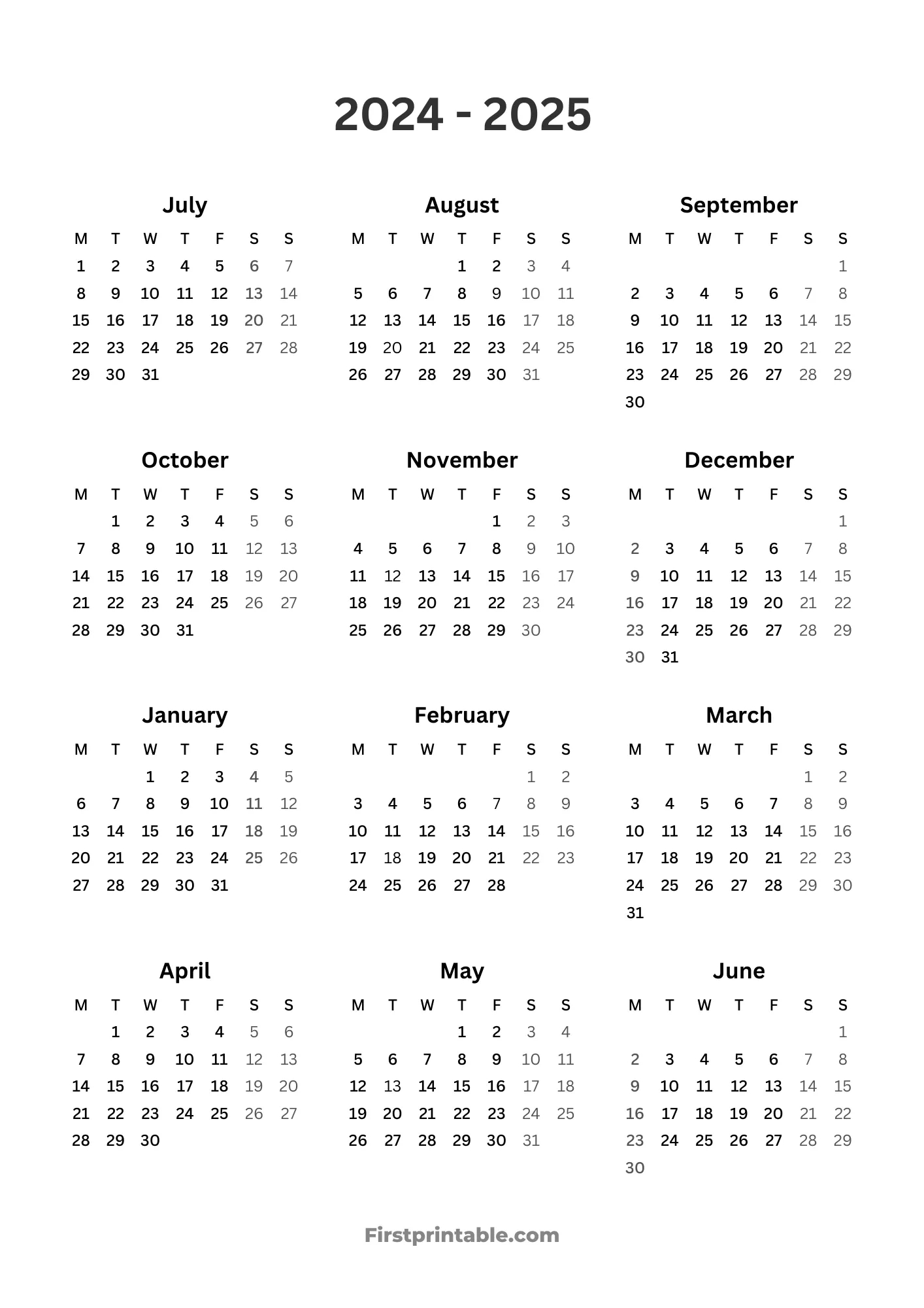 2024-2025 Calendar Printables | Free Pdf | 2024/2025 Calendar Printable