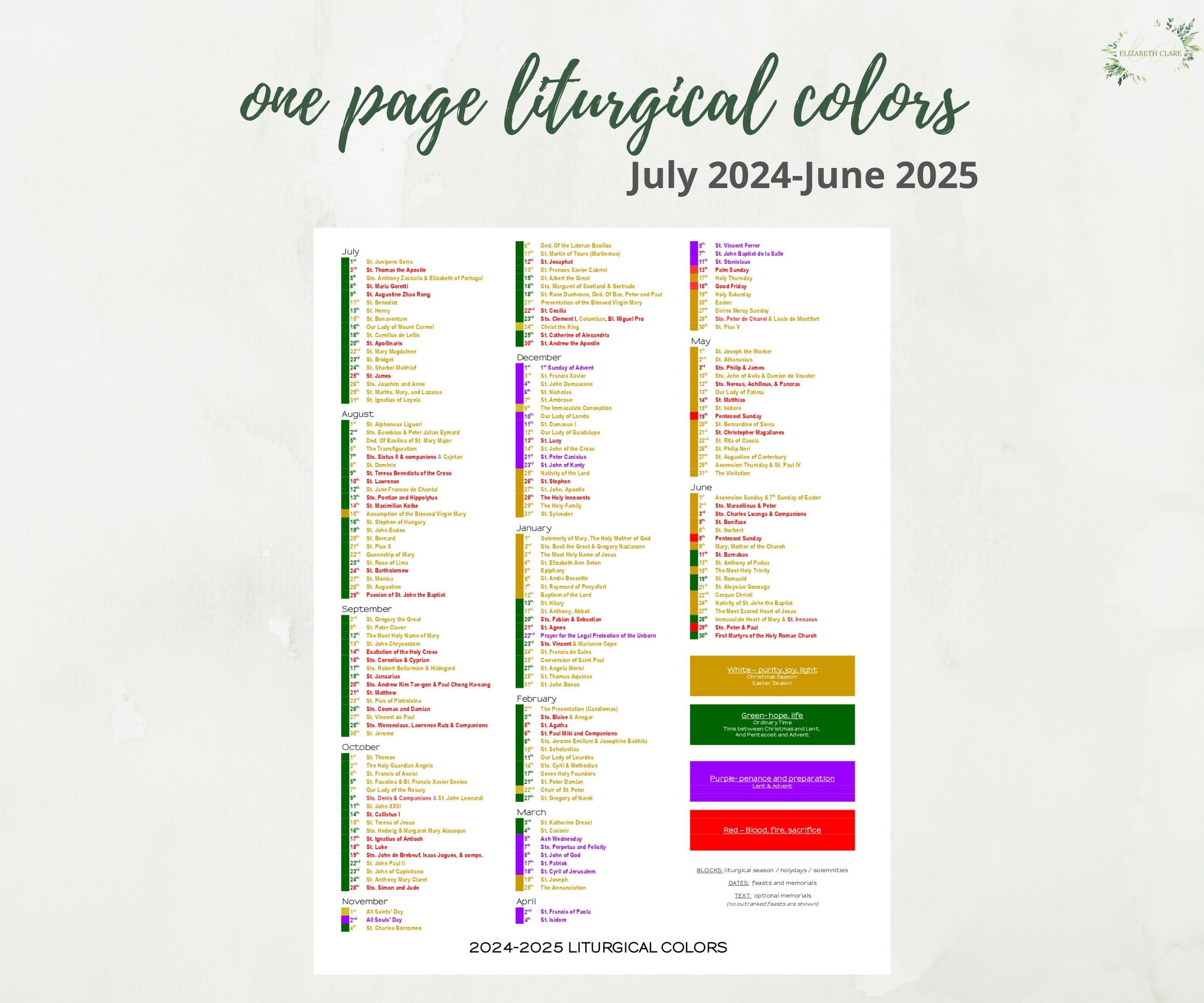 2024-2025 Catholic Liturgical Calendar Year At A Glance | Calendar 2025