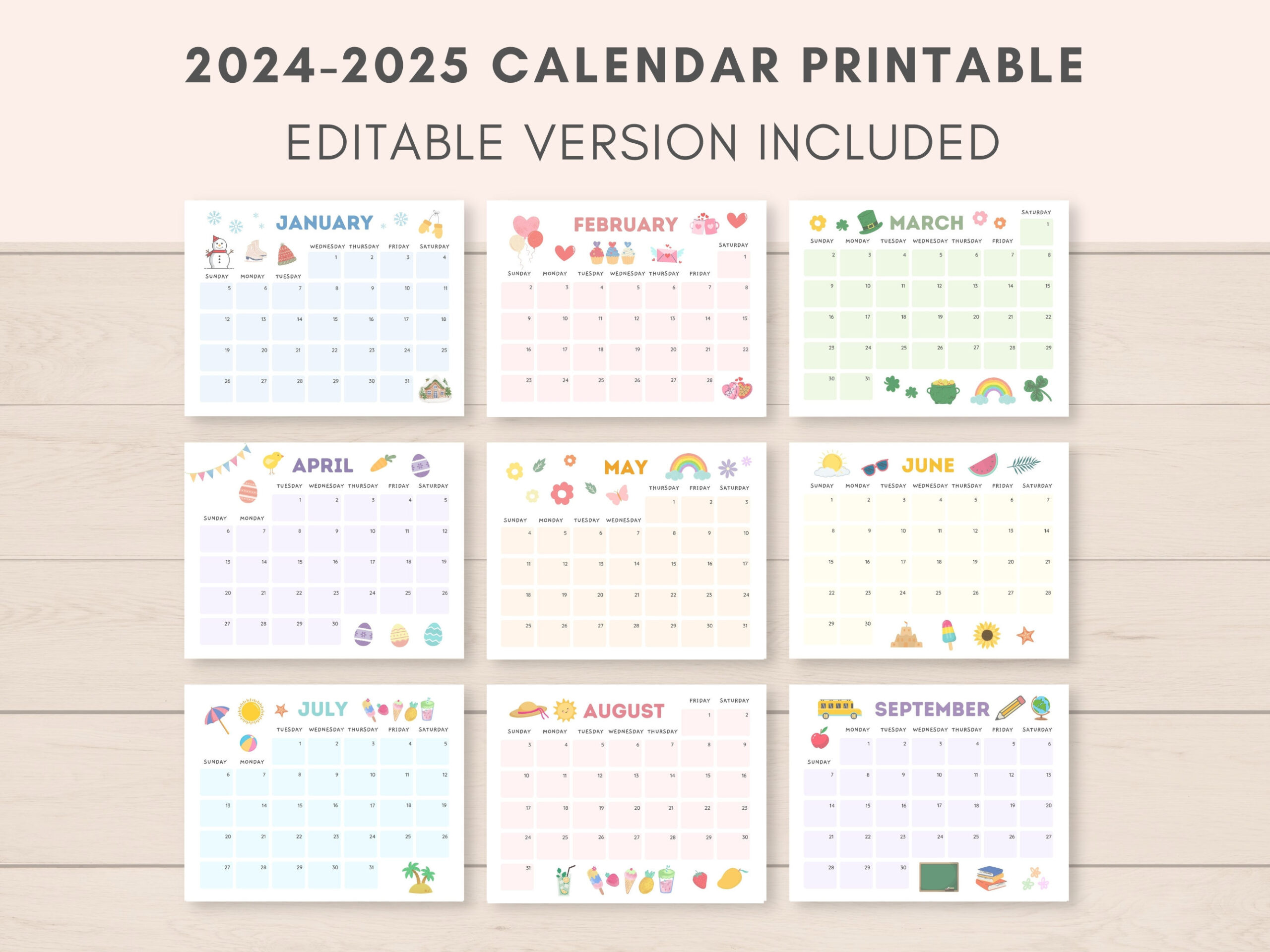 2024-2025 Kalender Druckbar, Druckbarer Kalender, Bearbeitbarer | 2024/2025 Calendar Printable