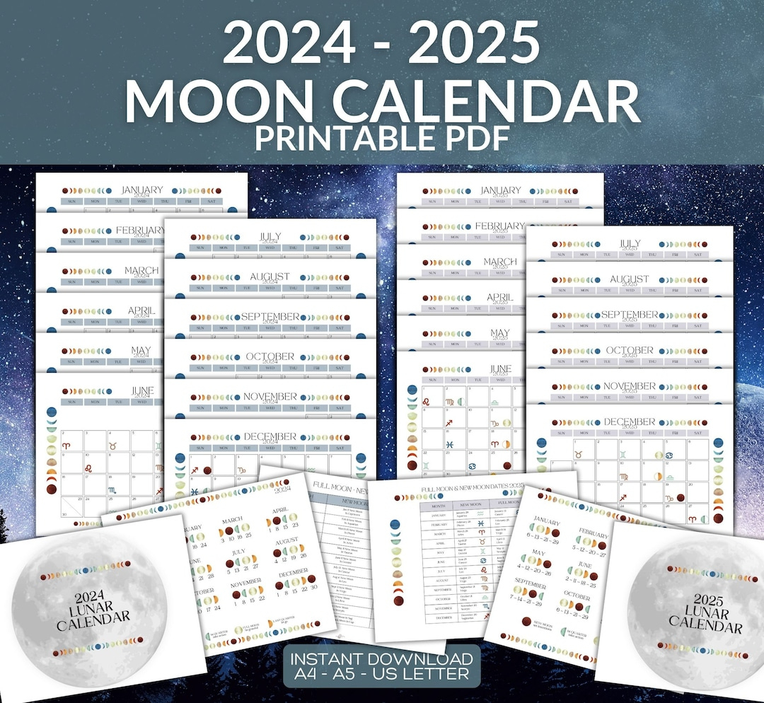 2024 2025 Moon Calendar, Printable Instant Download Pdf, Colourful | Calendar 2025