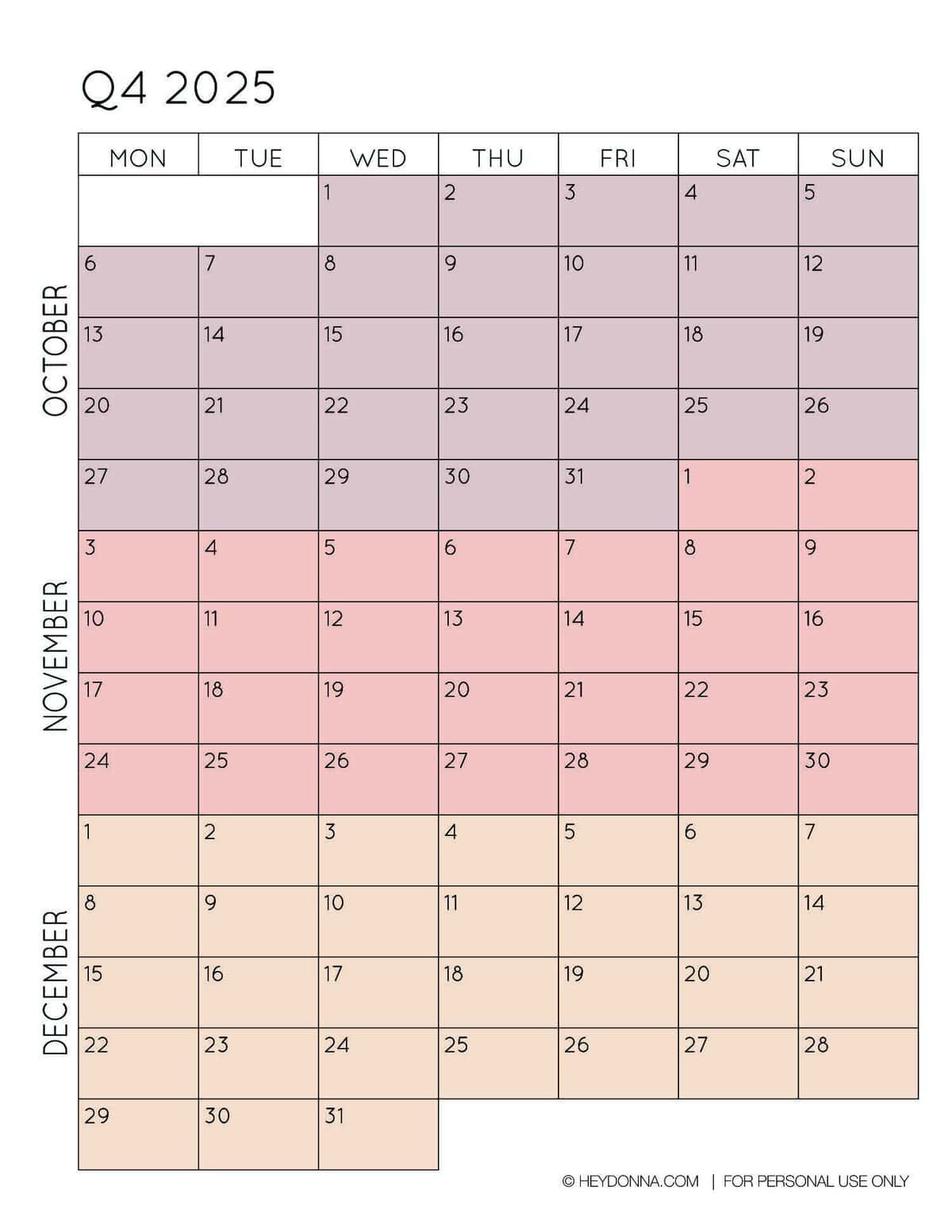 2025 3-Month Quarterly Calendar Printables - Free - Hey, Donna! | 2025 Printable Quarterly Calendar