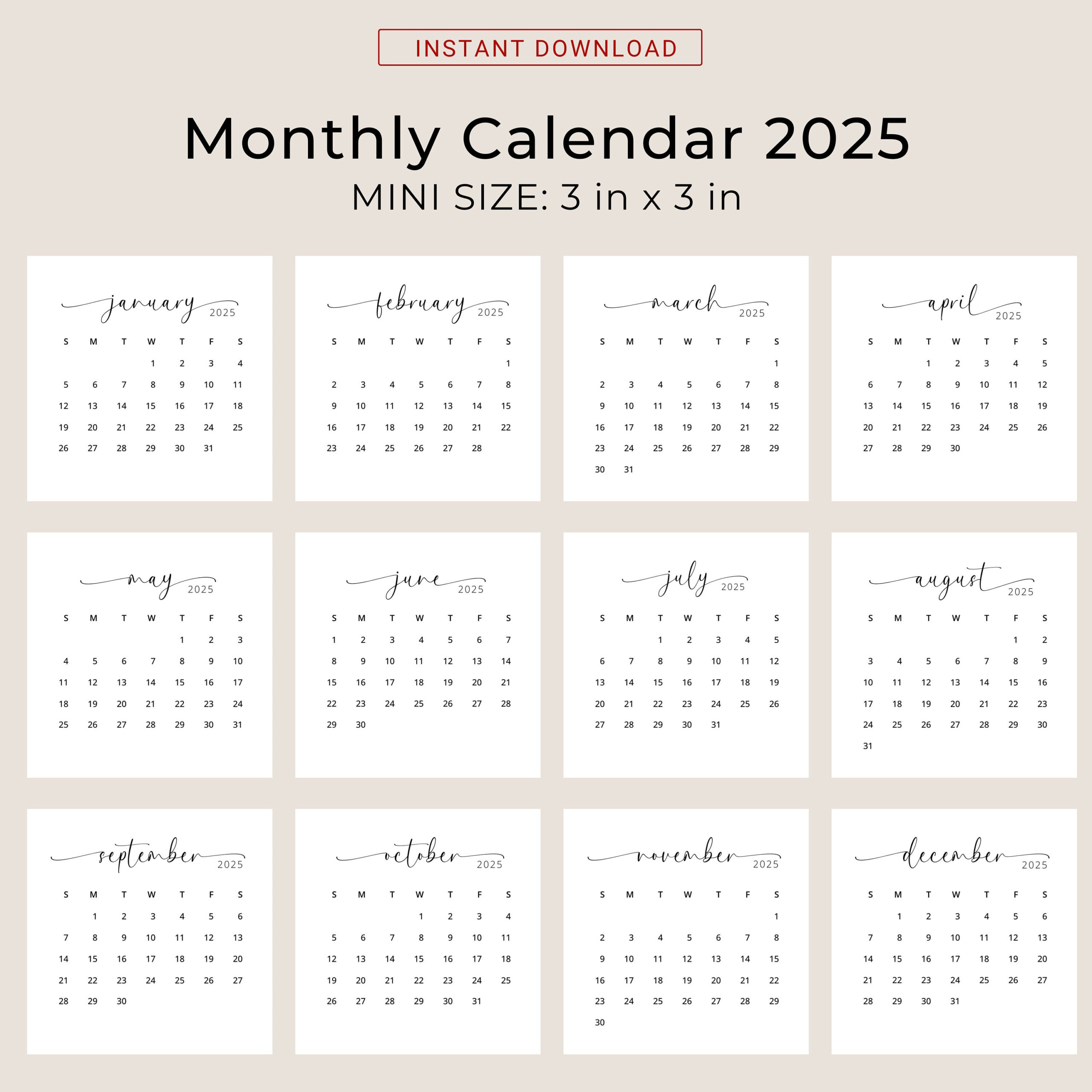 2025 3X3 Mini Calendar 2025 Calendar Card 2025 Pocket Calendar Elegant Printable Calendar Mini 3X3 Inch Calendar Pdf Sunday &amp;amp; Monday Start | Calendar 2025