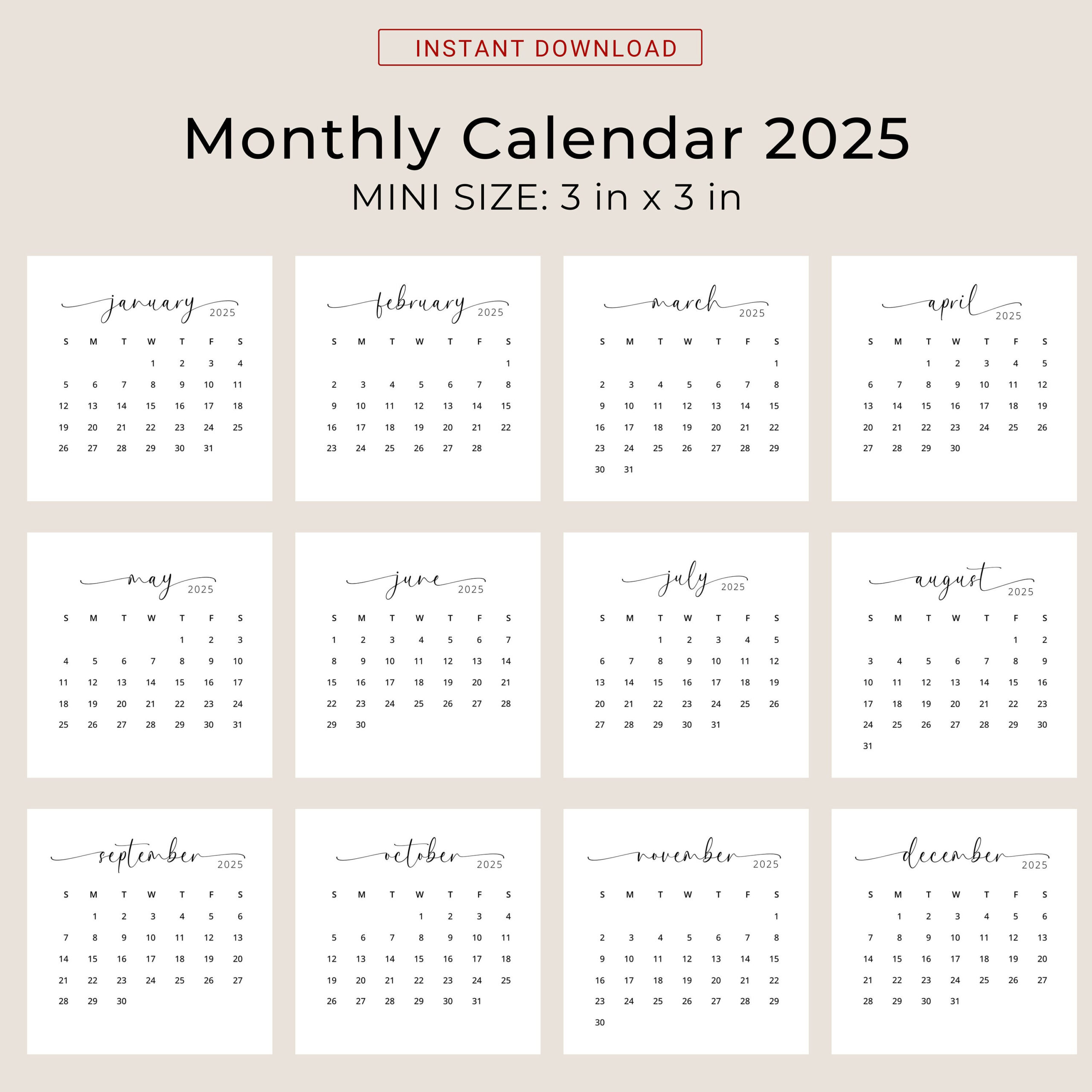 2025 3X3 Mini Calendar 2025 Calendar Card 2025 Pocket Calendar Elegant Printable Calendar Mini 3X3 Inch Calendar Pdf Sunday &amp;amp; Monday Start | Printable Pocket Calendar 2025