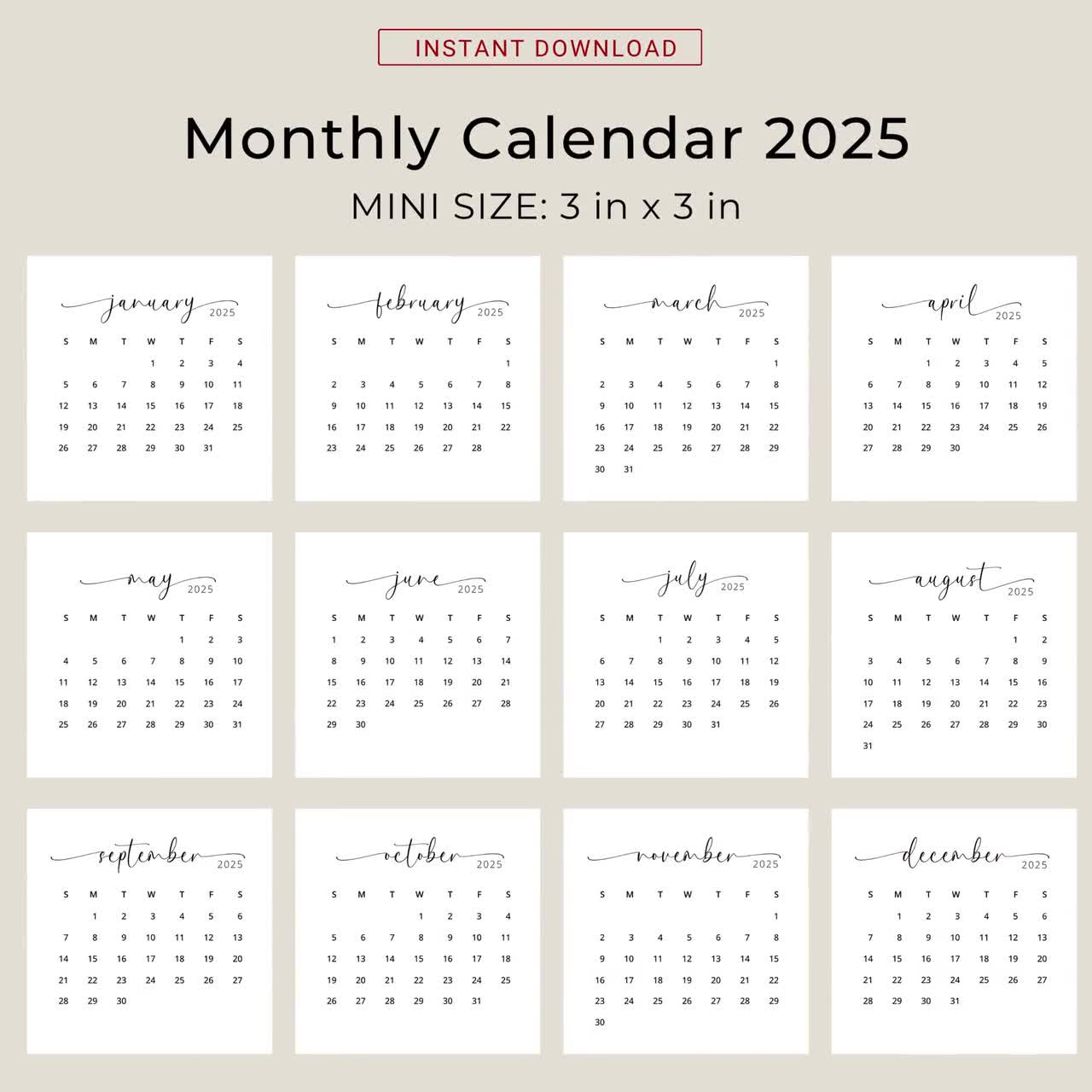 2025 3X3 Mini Calendar 2025 Calendar Card 2025 Pocket Calendar Elegant Printable Calendar Mini 3X3 Inch Calendar Pdf Sunday &amp;amp; Monday Start | Small Calendar 2025 Printable