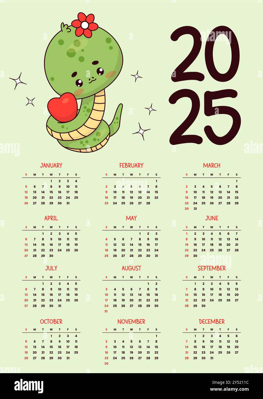 2025 Annual Calendar. Cute Snake Girl With Heart. Funny Kawaii | Calendar 2025