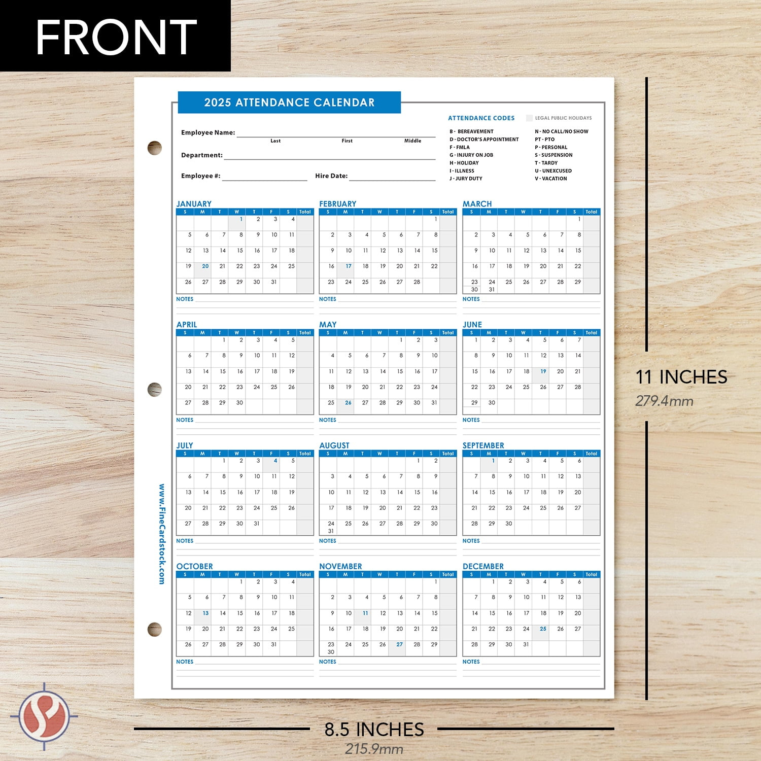 2025 Attendance Calendar Card Stock Paper, Employee Work Tracker | Attendance Calendar 2025 Printable