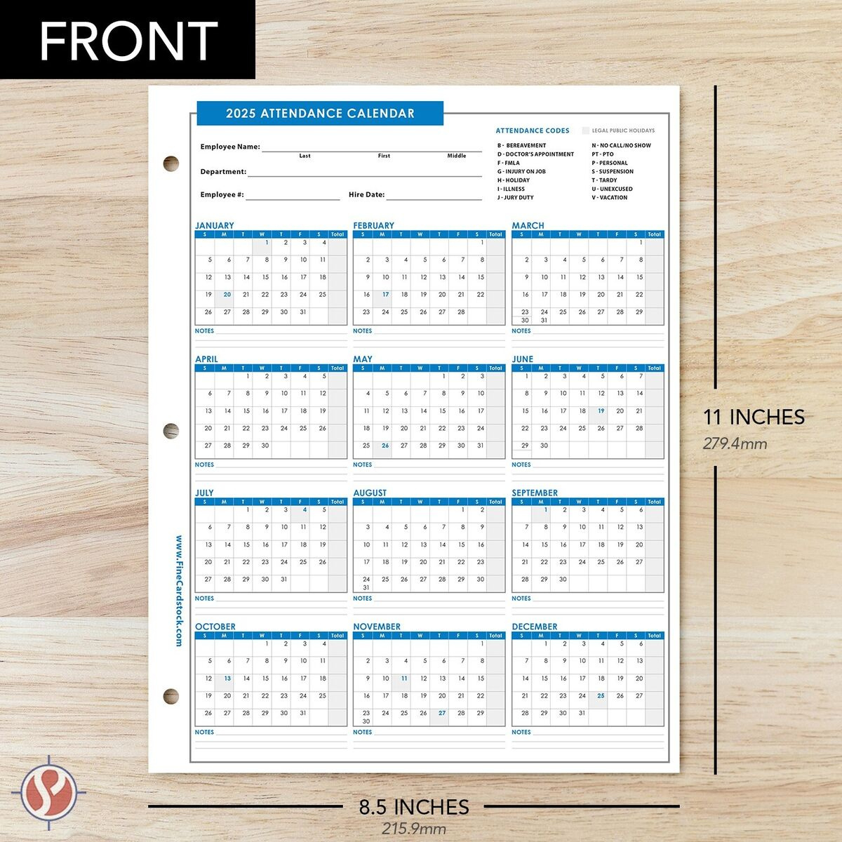 2025 Attendance Calendar Cardstock, Employee Work Tracker, 8.5 X | Printable Attendance Calendar 2025