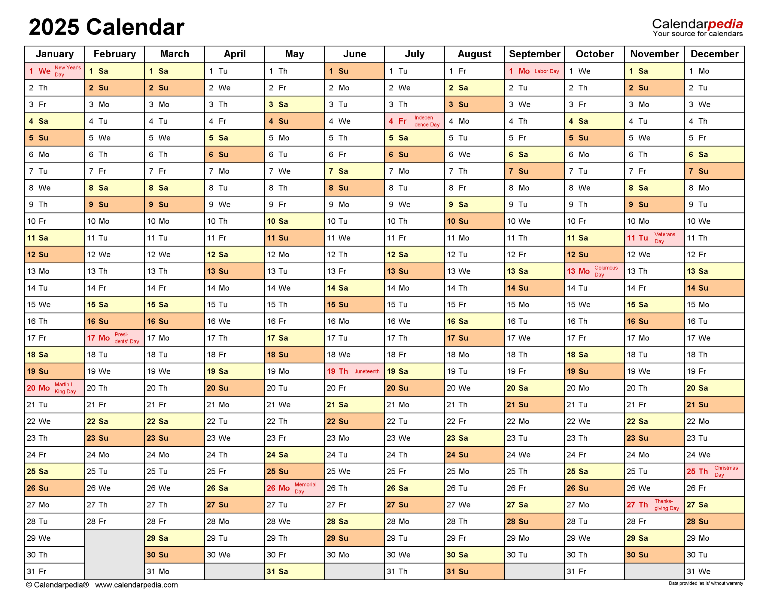 2025 Calendar - Free Printable Pdf Templates - Calendarpedia | 2025 Calendar List Printable