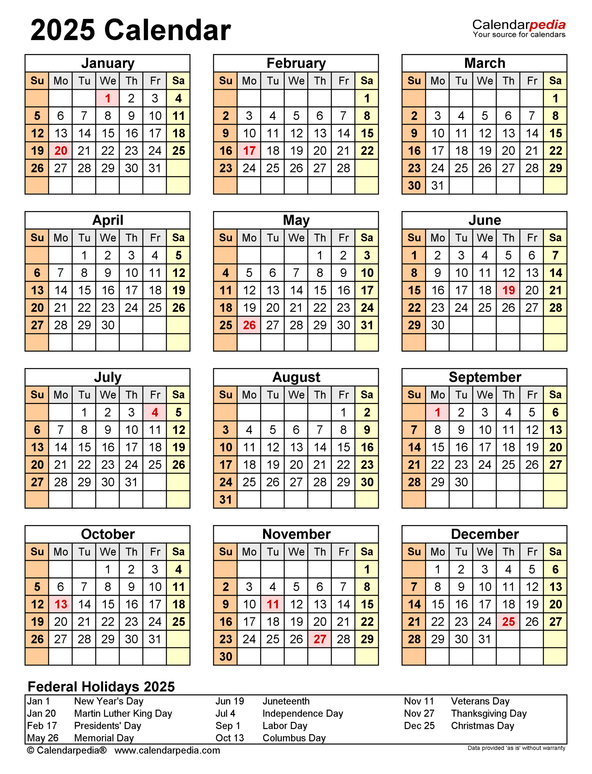 2025 Calendar - Free Printable Pdf Templates - Calendarpedia | Printable 2025 Pocket Calendar