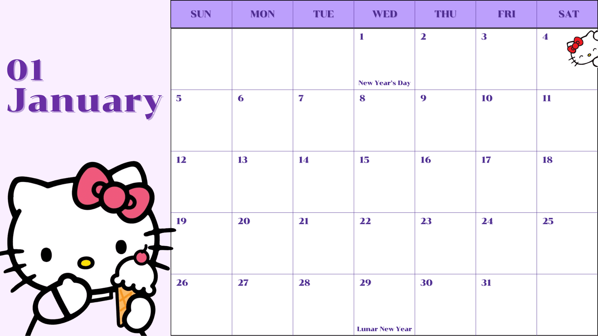 2025 - Calendar - Hello Kitty - Template -Kjc.creativedesigns | Printable Calendar Sanrio Calendar 2025