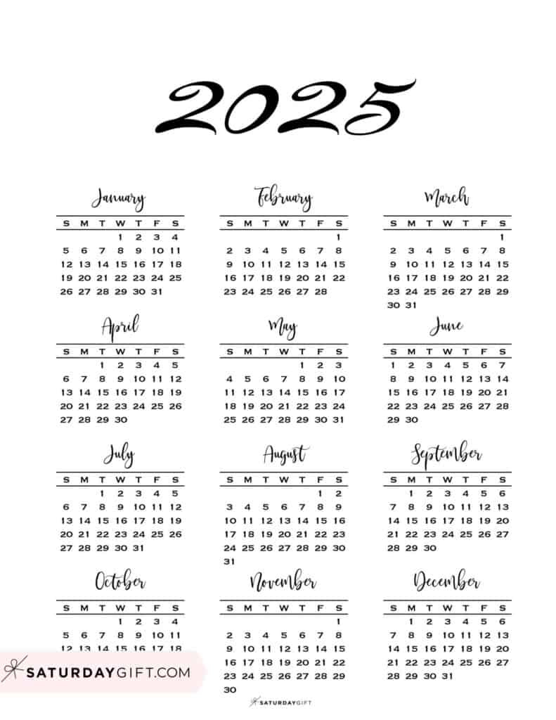 2025 Calendar Printable - 18 Cute &amp;amp; Free 2025 Yearly Calendar | 2025 1 Page Calendar Printable Free