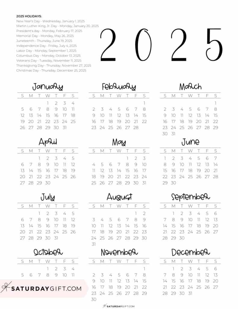 2025 Calendar Printable - 18 Cute &amp;amp; Free 2025 Yearly Calendar | 2025 Calendar At A Glance Printable Free