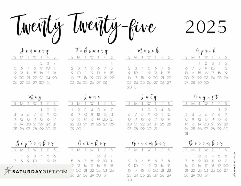 2025 Calendar Printable - 18 Cute &amp; Free 2025 Yearly Calendar | 2025 Calendar Horizontal Printable