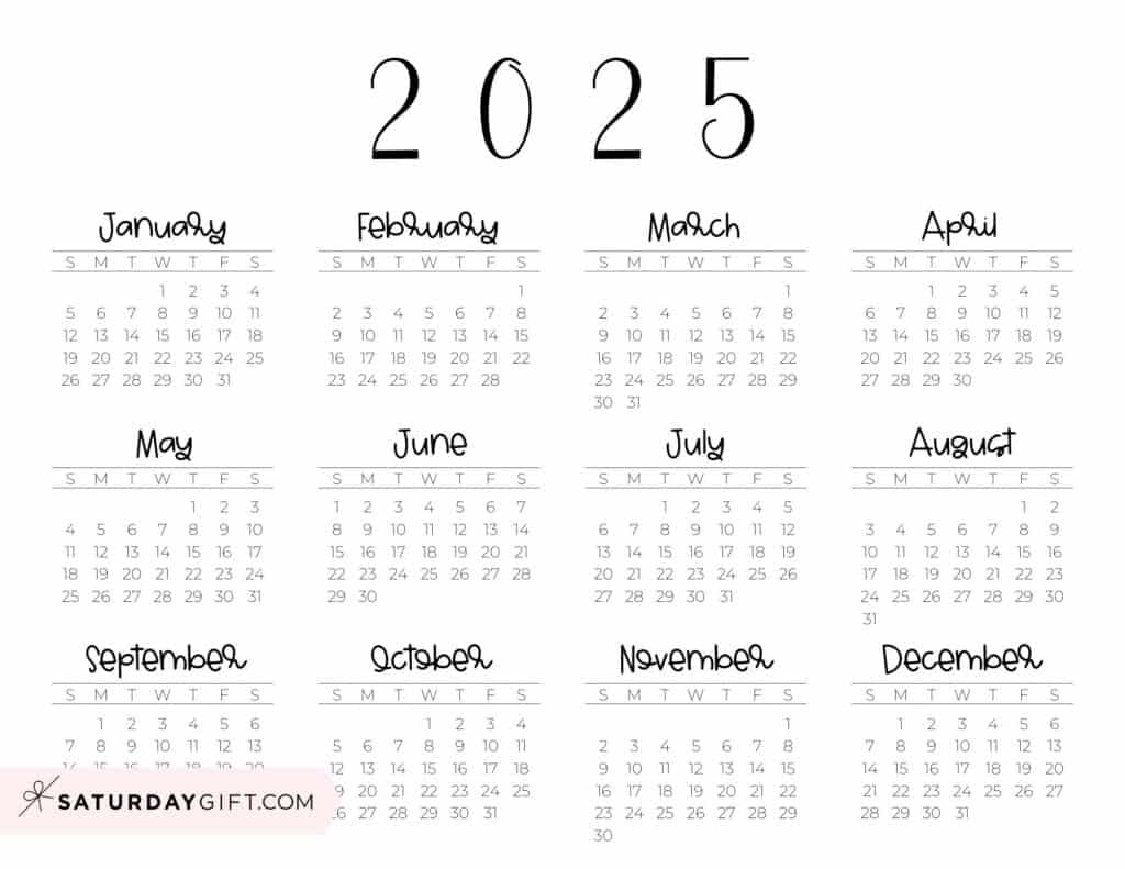 2025 Calendar Printable - 18 Cute &amp; Free 2025 Yearly Calendar | 2025 Horizontal Calendar Printable