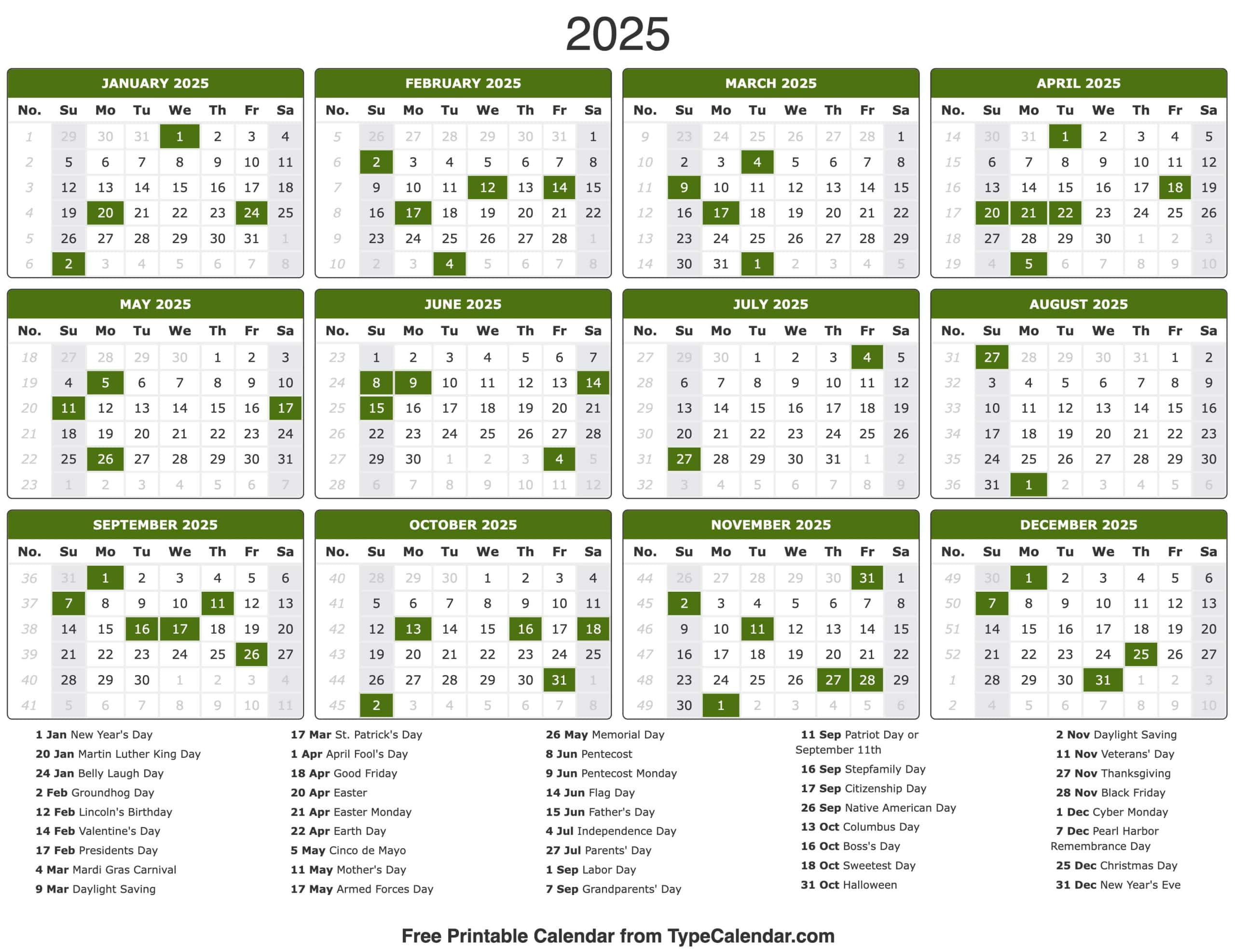 2025 Calendar - Printable Calendar 2025 With Holidays | 2024 and 2025 Calendar with Holidays Printable Free