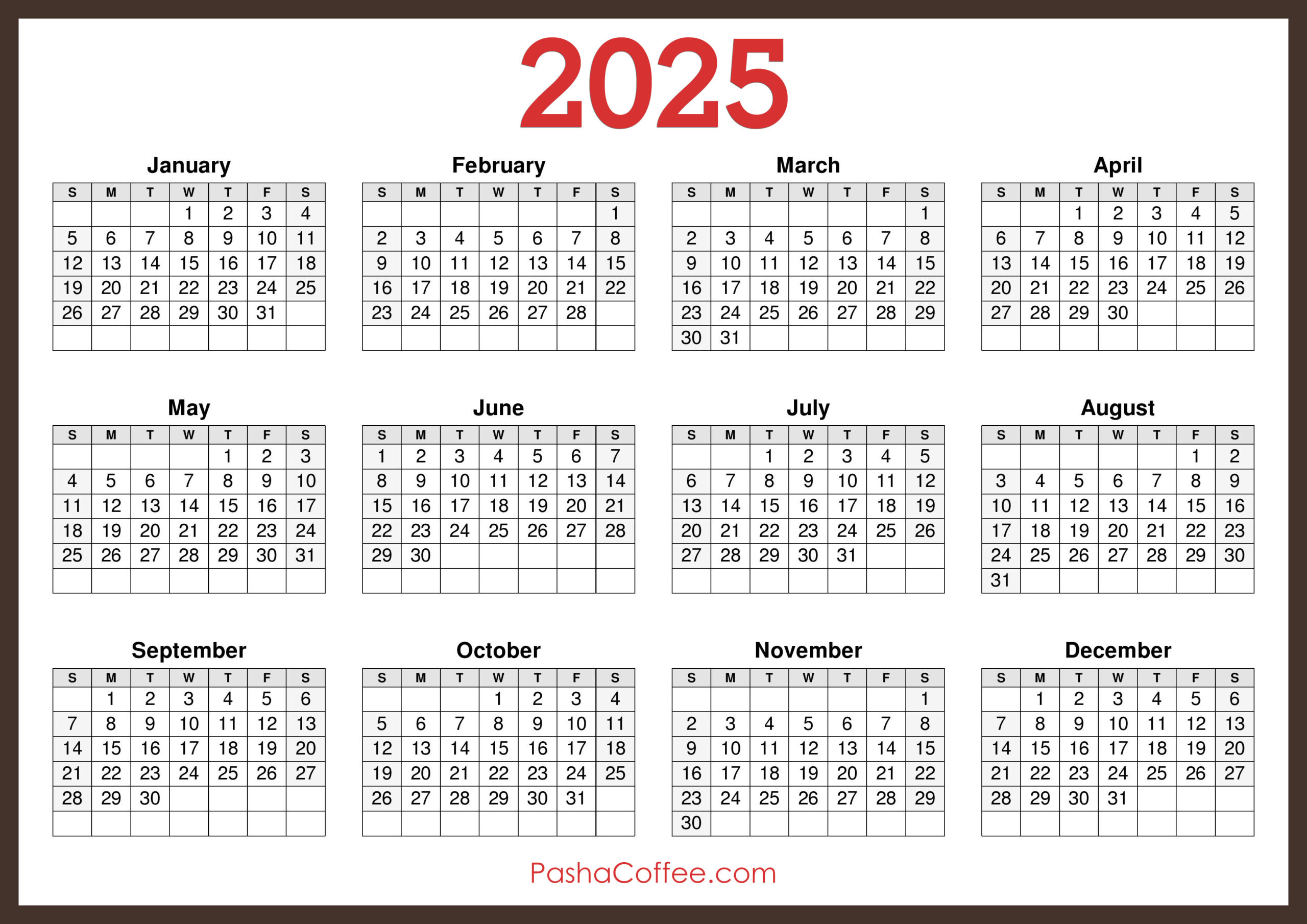 2025 Calendar Printable Free, Horizontal, Brown – Pashacoffee | Horizontal 2025 Calendar Printable