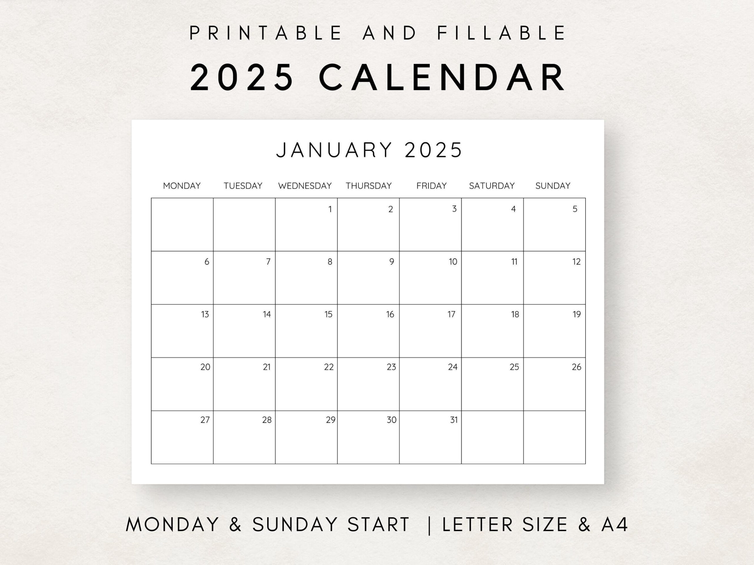 2025 Calendar Printable, Monthly Calendar 2025, Fillable Calendar | Fillable Calendar 2025 Printable