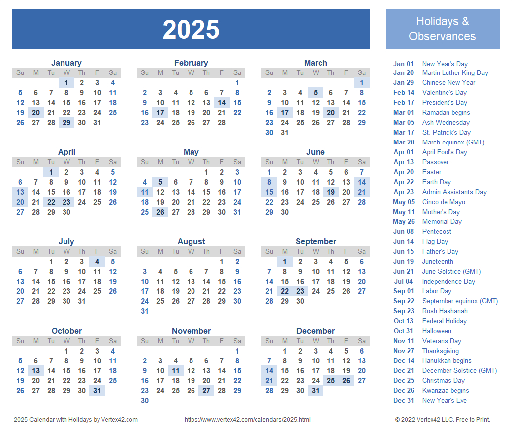 2025 Calendar Templates And Images | 2025 Calendar with Religious Holidays Printable