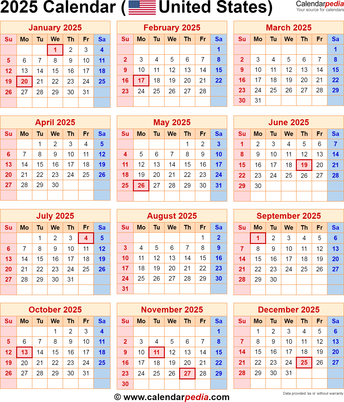 2025 Calendar With Federal Holidays | 2025 Calendar With Federal Holidays Printable