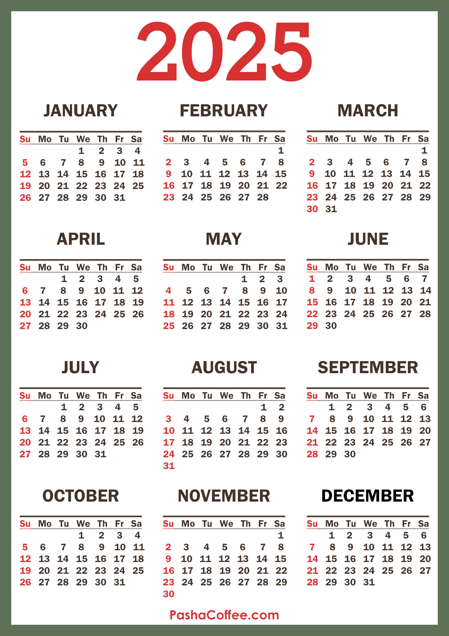 2025 Calendar With Holidays, Printable Free, Vertical, Green | Calendar 2025