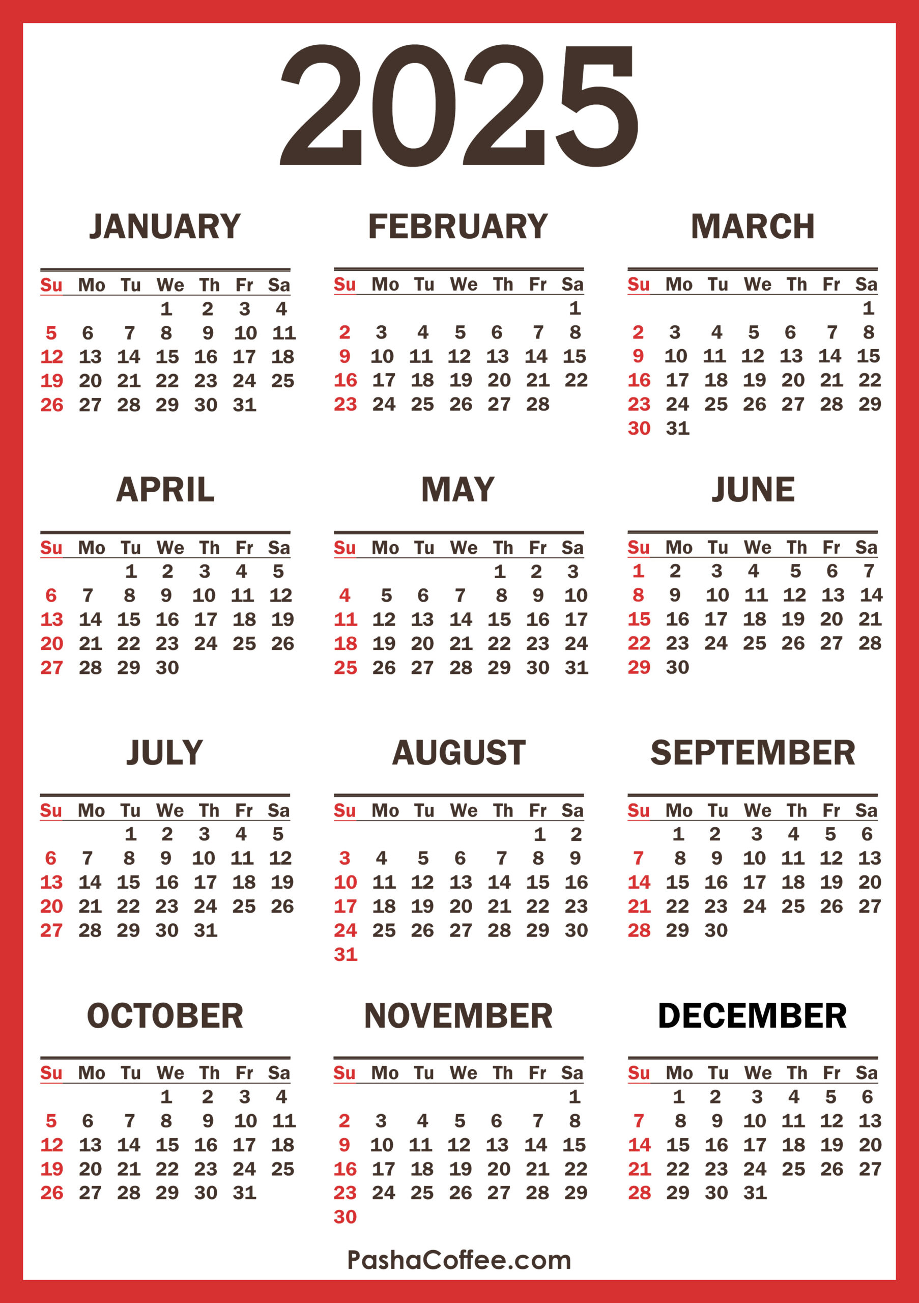 2025 Calendar With Holidays, Printable Free, Vertical, Red | Calendar 2025