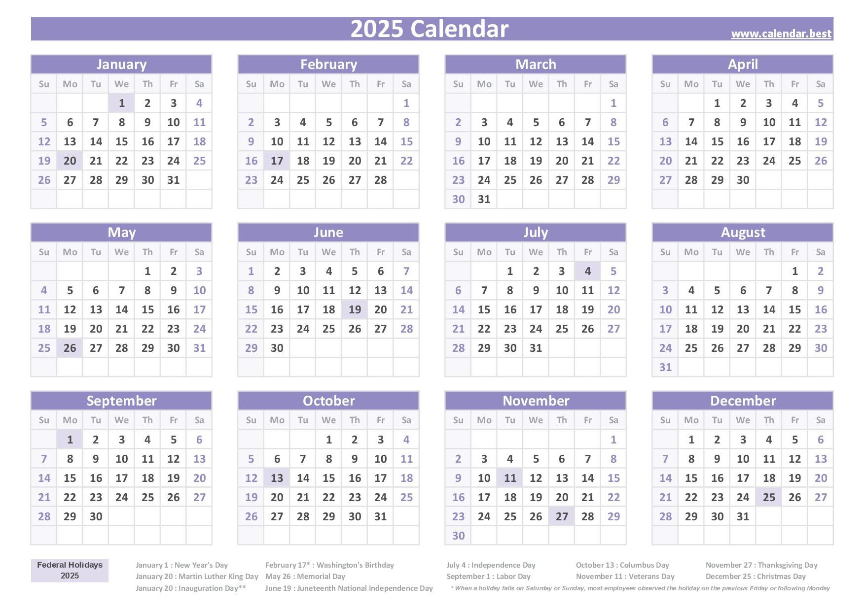 2025 Calendar With Holidays (Us Federal Holidays) | 2025 Calendar Printable With Holidays Free Download