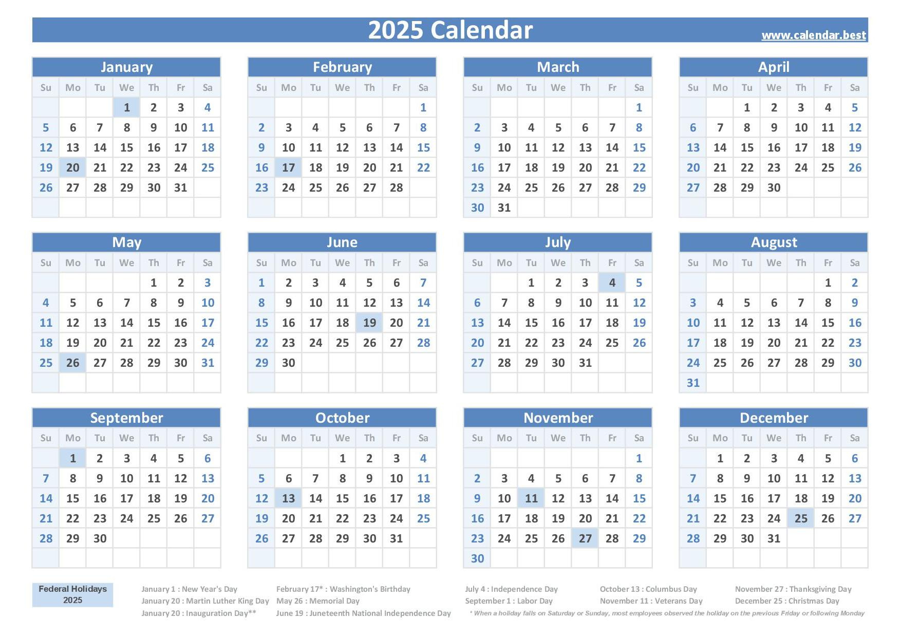 2025 Calendar With Holidays (Us Federal Holidays) | 2025 United States Government Calendar Printable