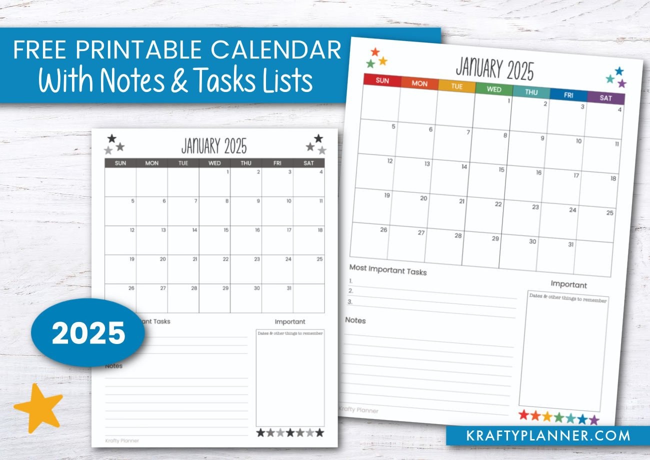 2025 Calendar With Notes And Task Lists — Krafty Planner | 2025 Calendar Printable with Notes