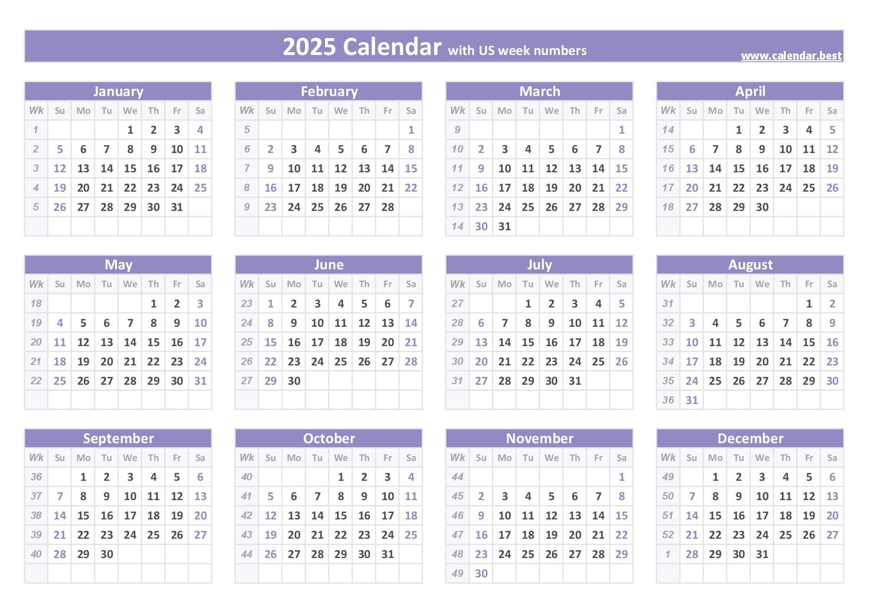 2025 Calendar With Week Numbers | 2025 Week Numbers Calendar Printable