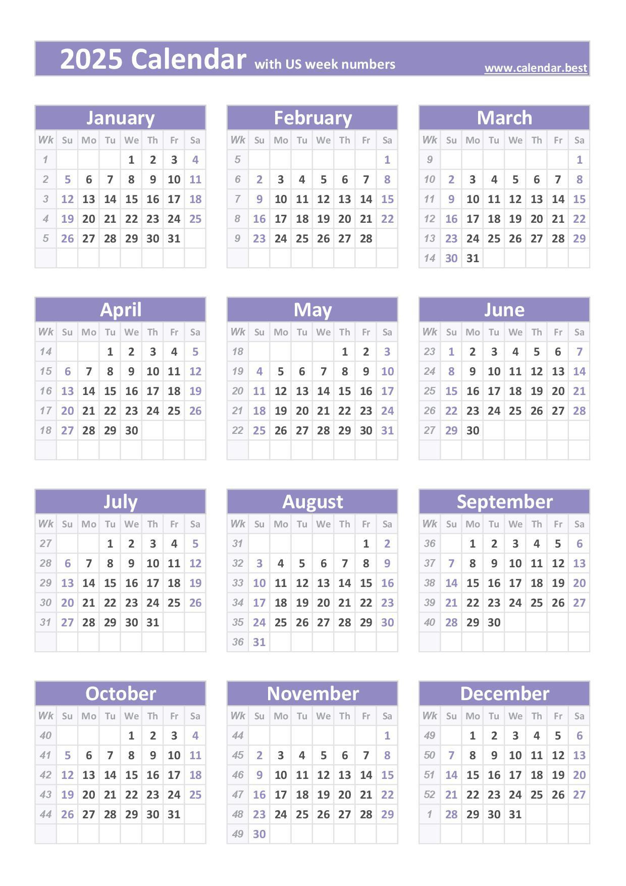 2025 Calendar With Week Numbers (Us And Iso Week Numbers) | 2025 Calendar by Weeks Printable