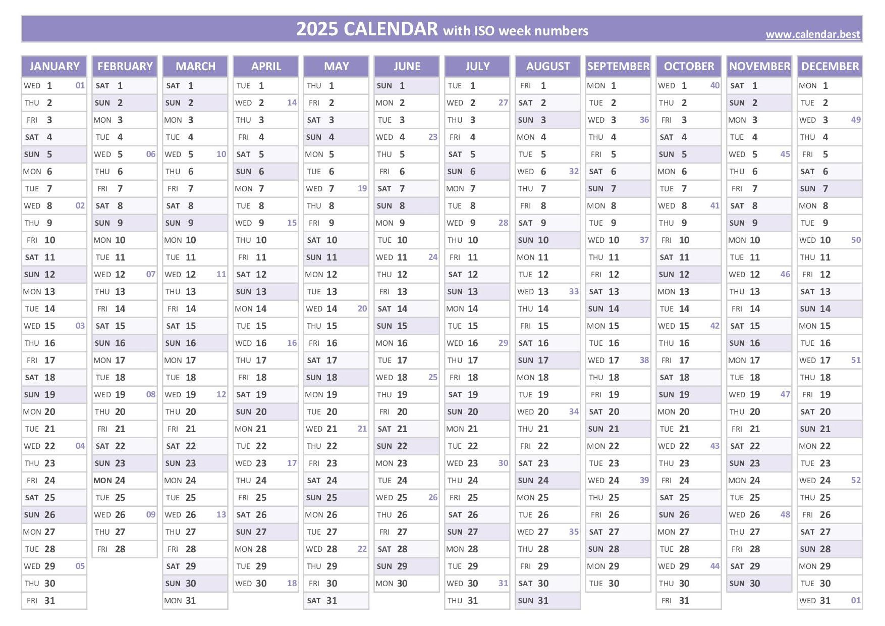 2025 Calendar With Week Numbers (Us And Iso Week Numbers) | Printable 2025 Timeshare Calendar