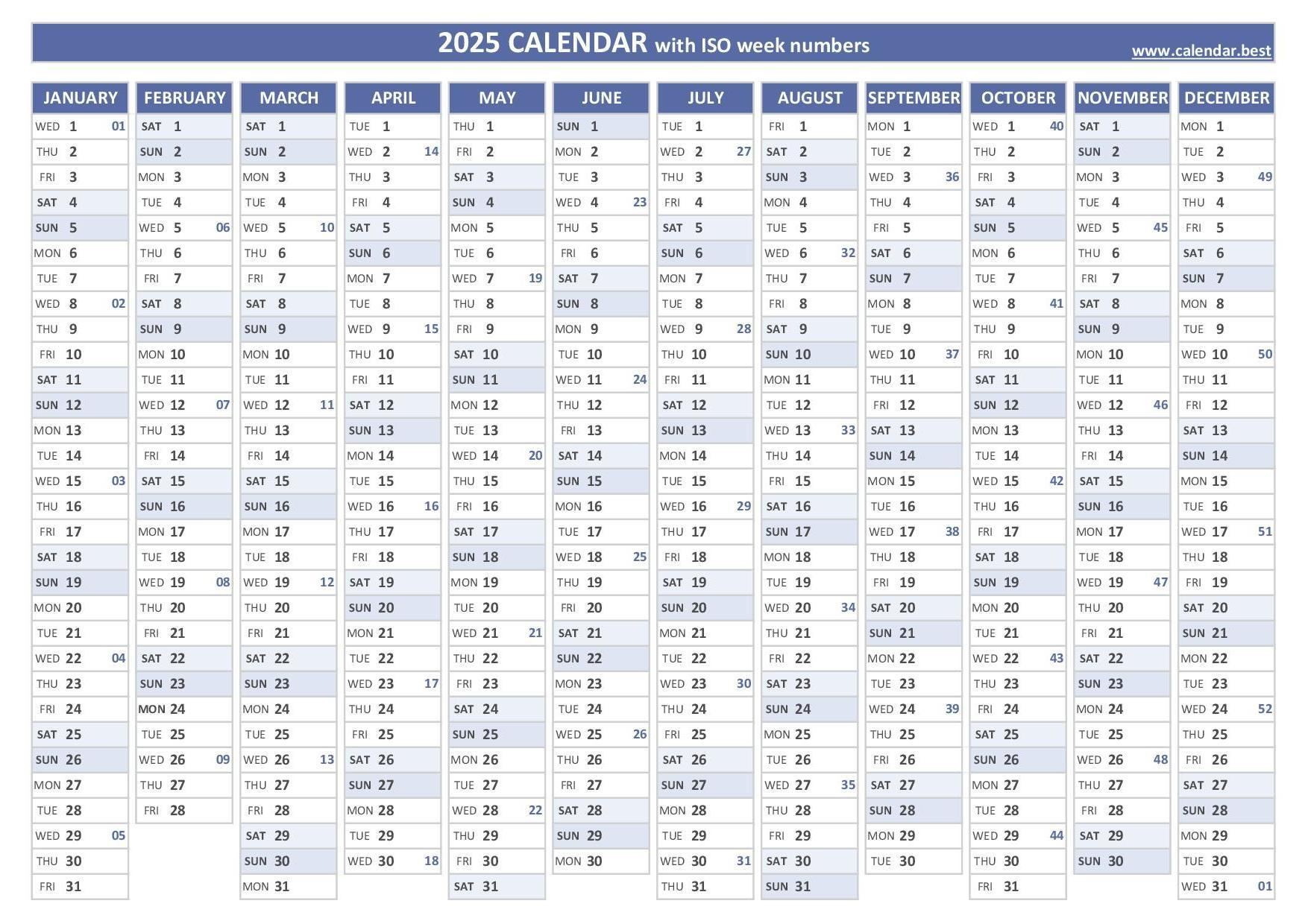 2025 Calendar With Week Numbers (Us And Iso Week Numbers) | Timeshare Calendar 2025 Printable