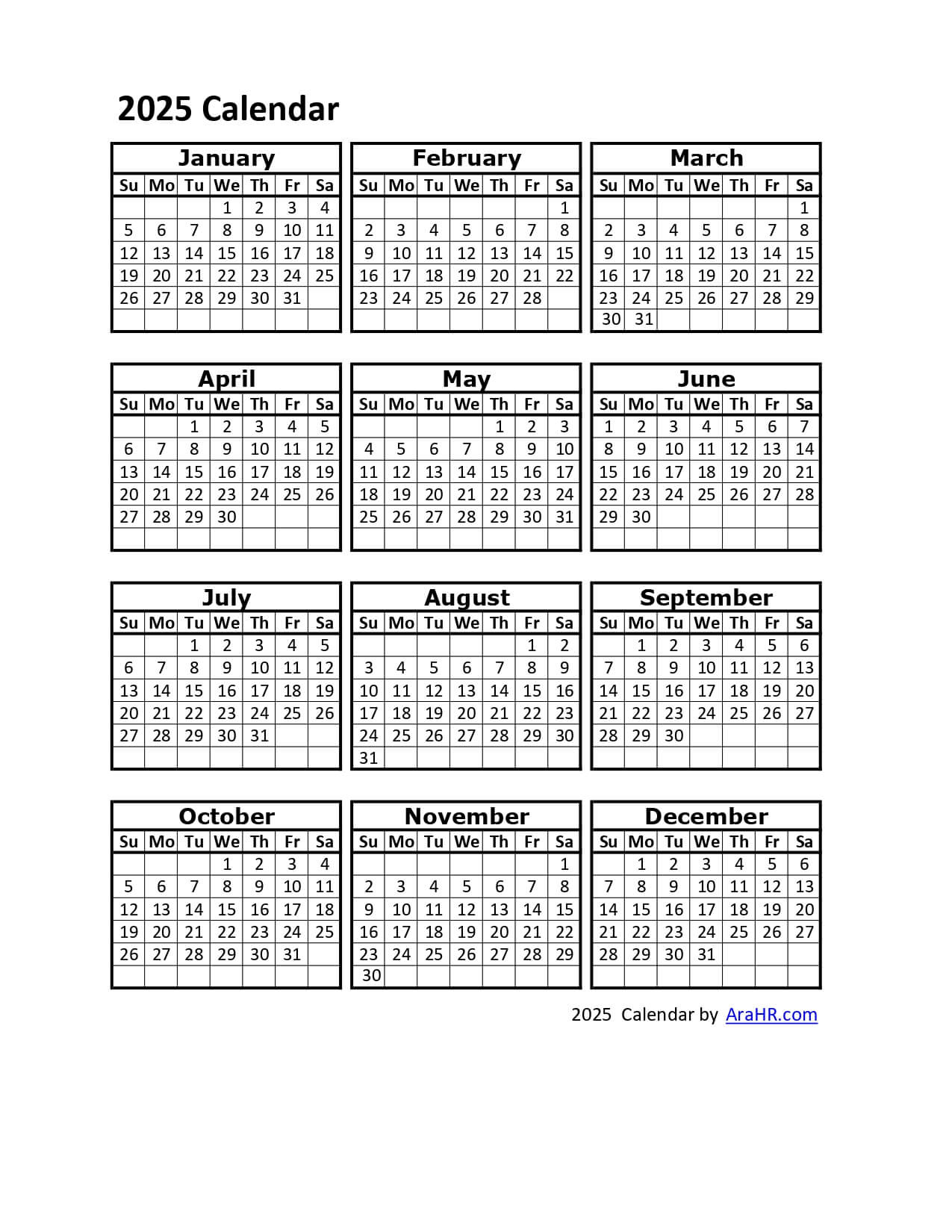 2025 Calendar - Yearly - Monthly - Free - Printable - Template | Free Printable Attendance Calendar 2025