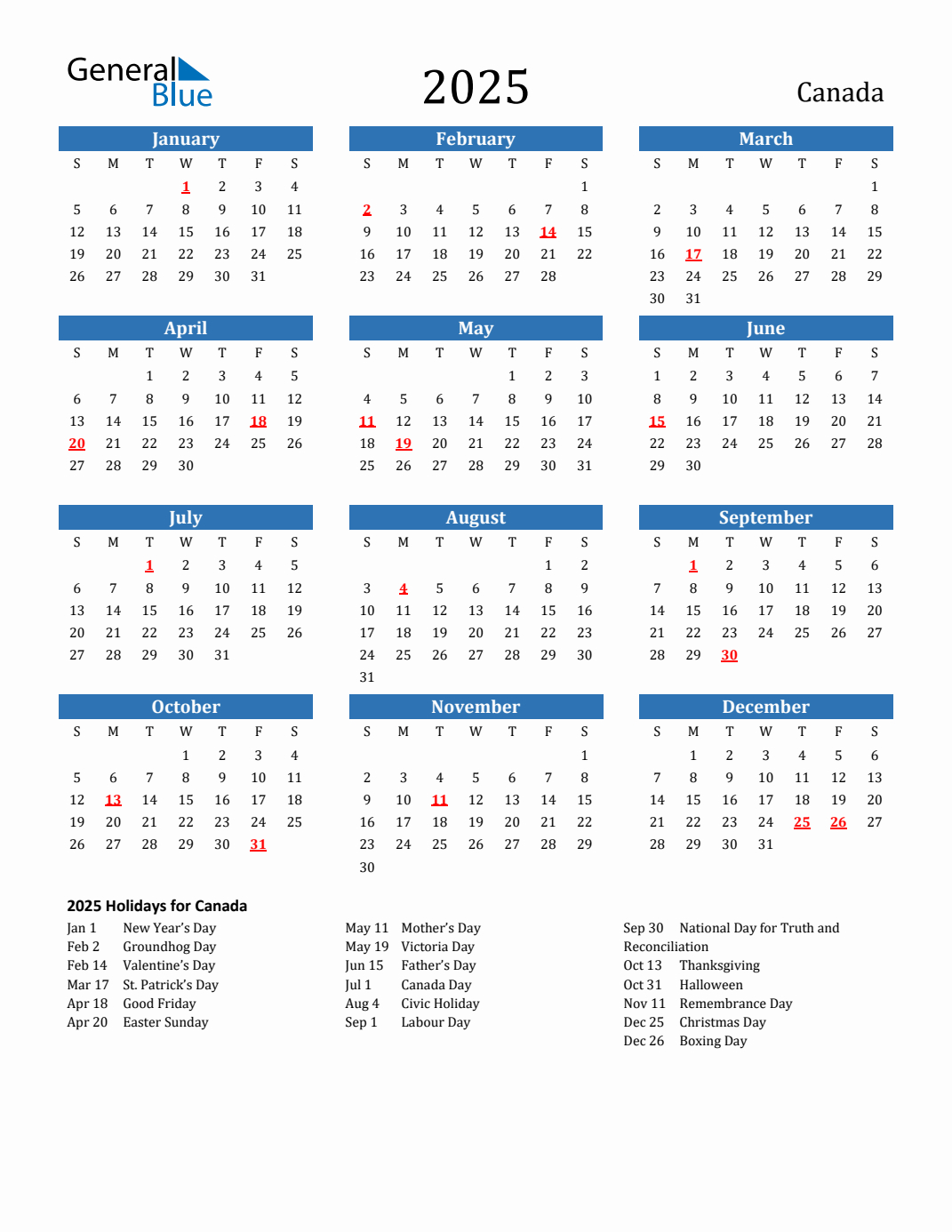 2025 Canada Calendar With Holidays | 2025 Calendar Canada with Holidays Printable