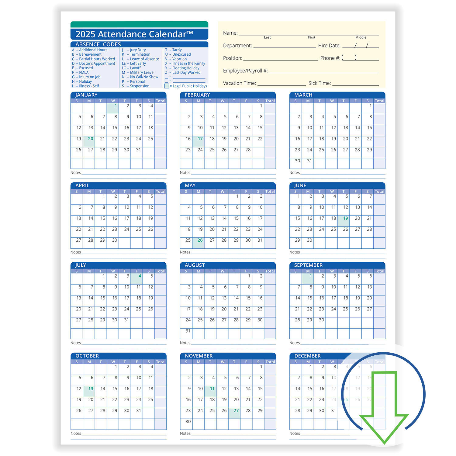 2025 Downloadable Employee Attendance Calendar | Hrdirect | 2025 Attendance Calendar Printable Free