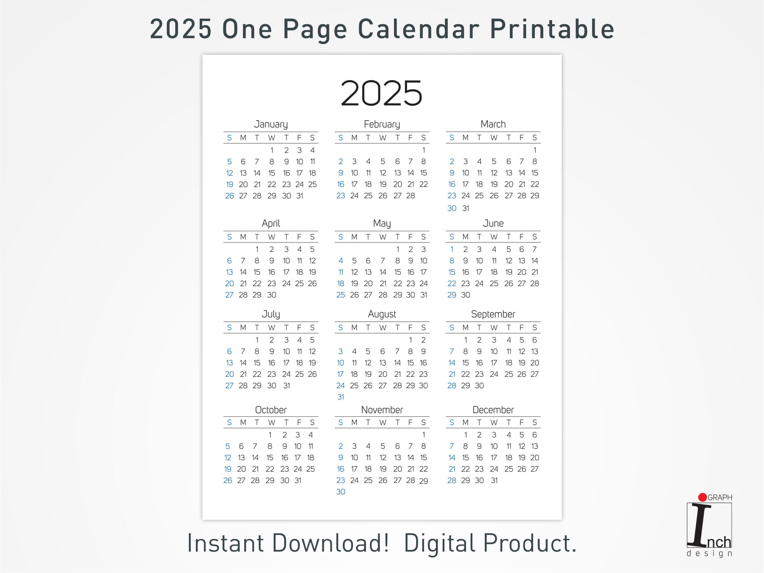 2025 Druckbarer Kalender, 12 Monate Einseitiger Kalender | 12 Month 2025 Printable Calendar