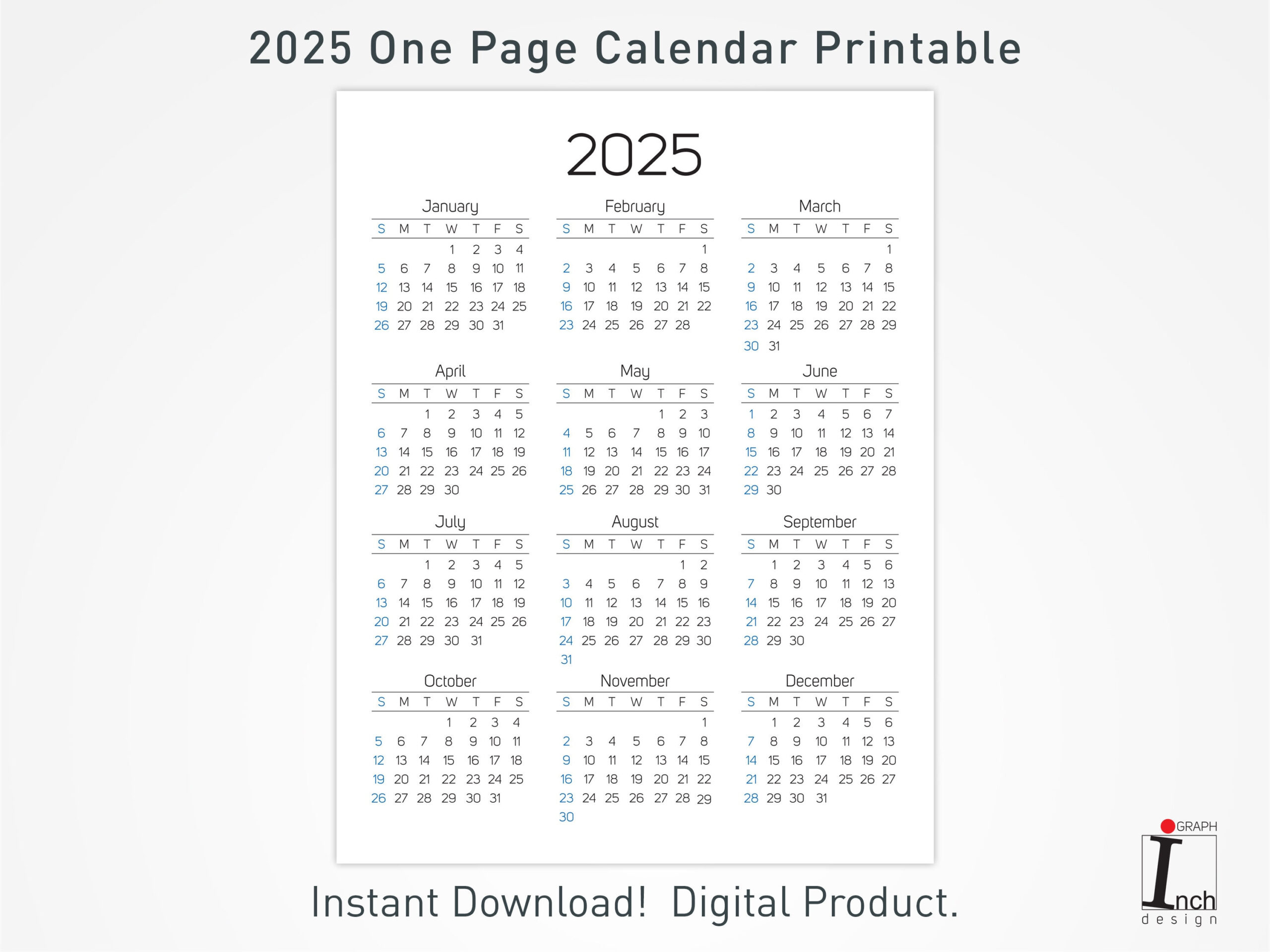 2025 Druckbarer Kalender, 12 Monate Einseitiger Kalender | One Page Printable Calendar 2025