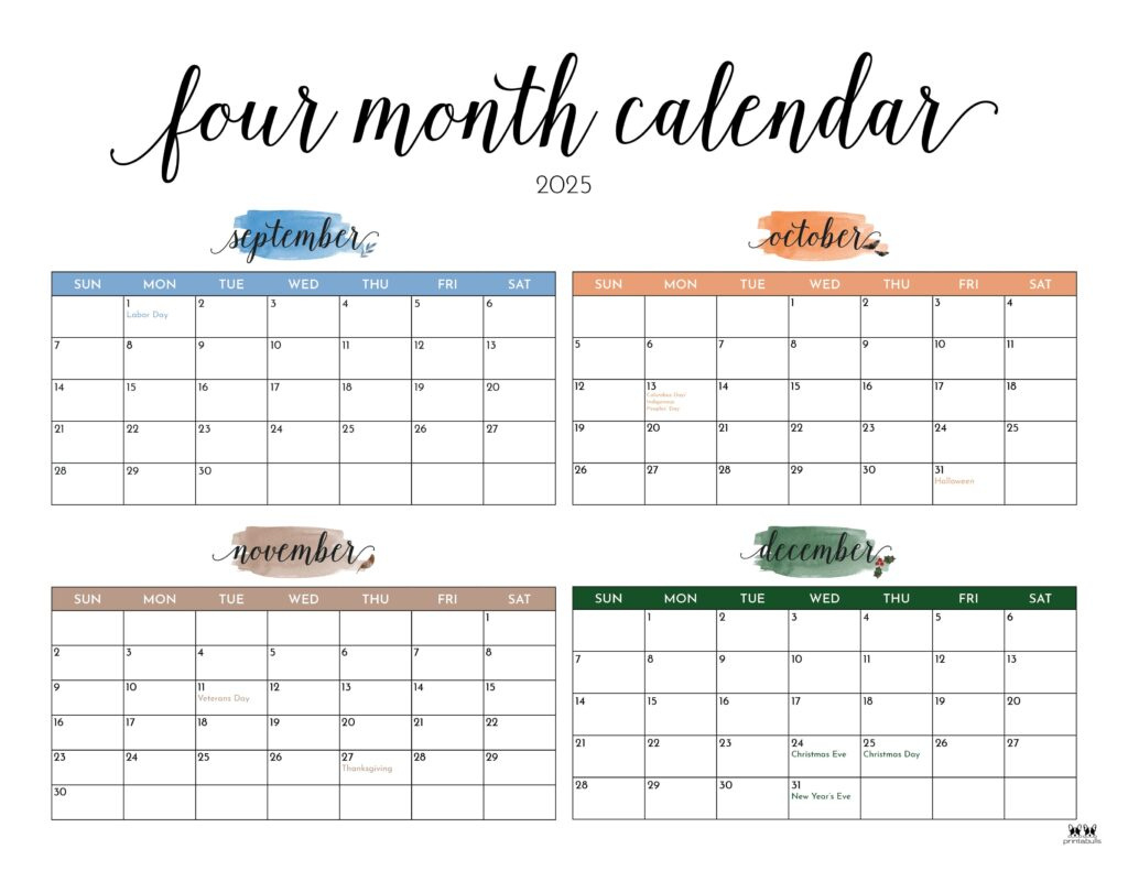 2025 Four Month Calendars - 31 Free Printables | Printabulls | 4 Month Calendar 2025 Printable