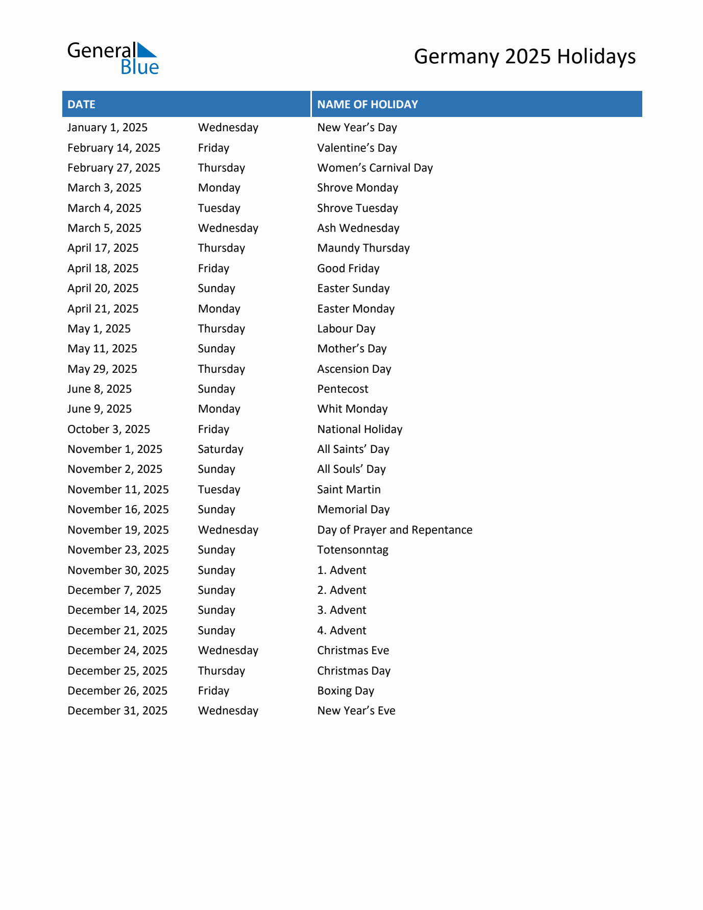 2025 Germany List Of Holidays In Pdf, Word, And Excel | Printable Calendar 2025 Holidays List