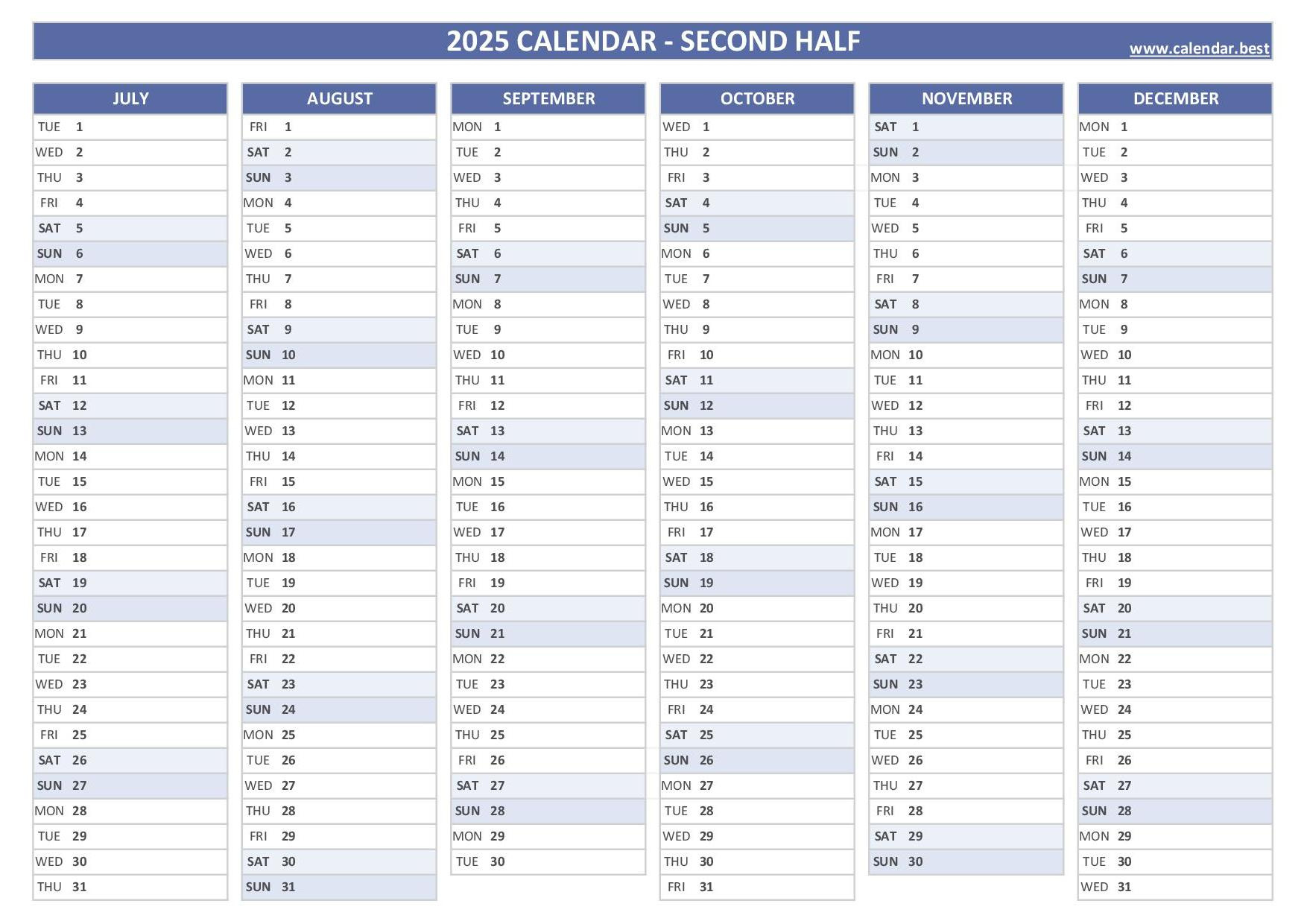 2025 Half Year Calendar To Print | 2025 6 Month Calendar Printable