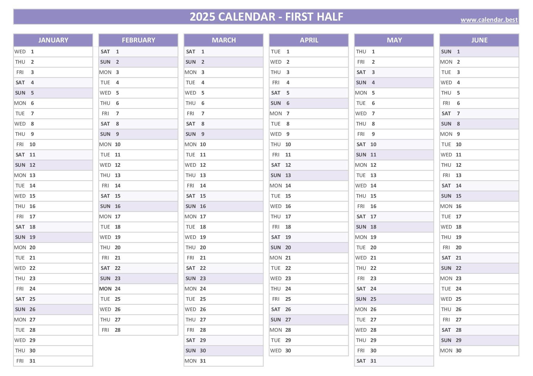 2025 Half Year Calendar To Print |  Calendar 2025