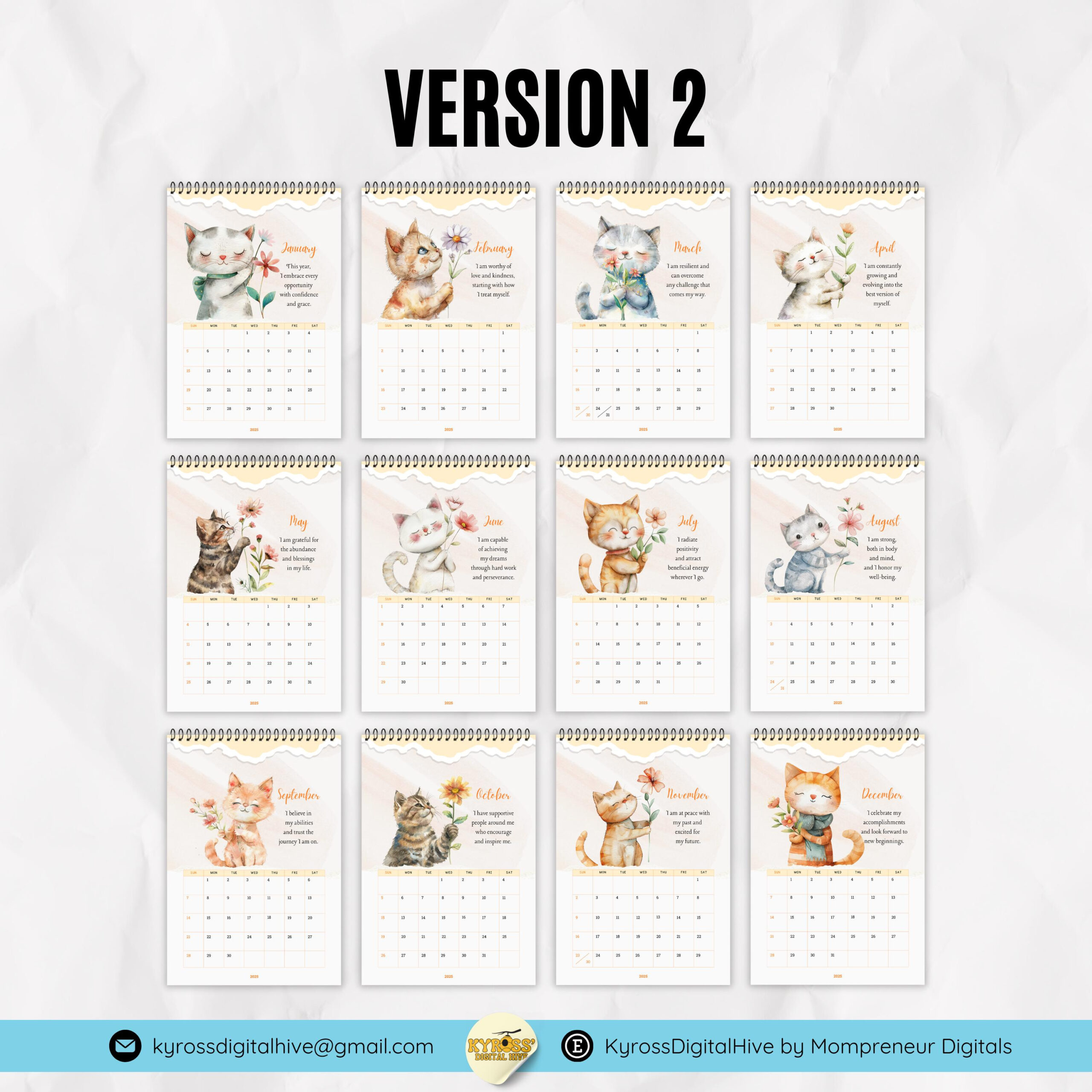 2025 Illustrated Cat Calendar Printable Aesthetic 2025 Calendar | Calendar 2025