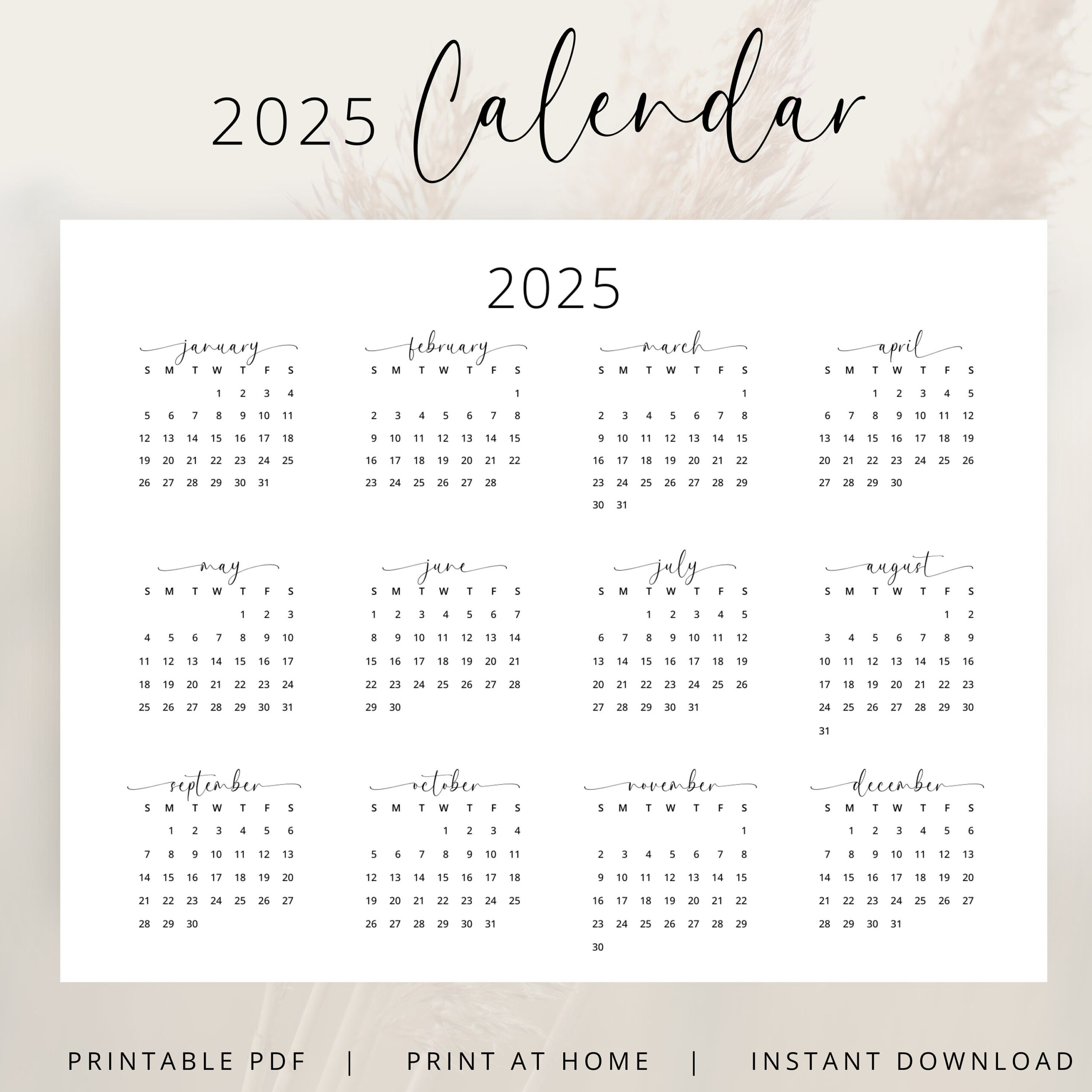 2025 Jahreskalender 2025 Wandkalender Querformat Druckbare Pdf | 2025 Calendar Horizontal Printable