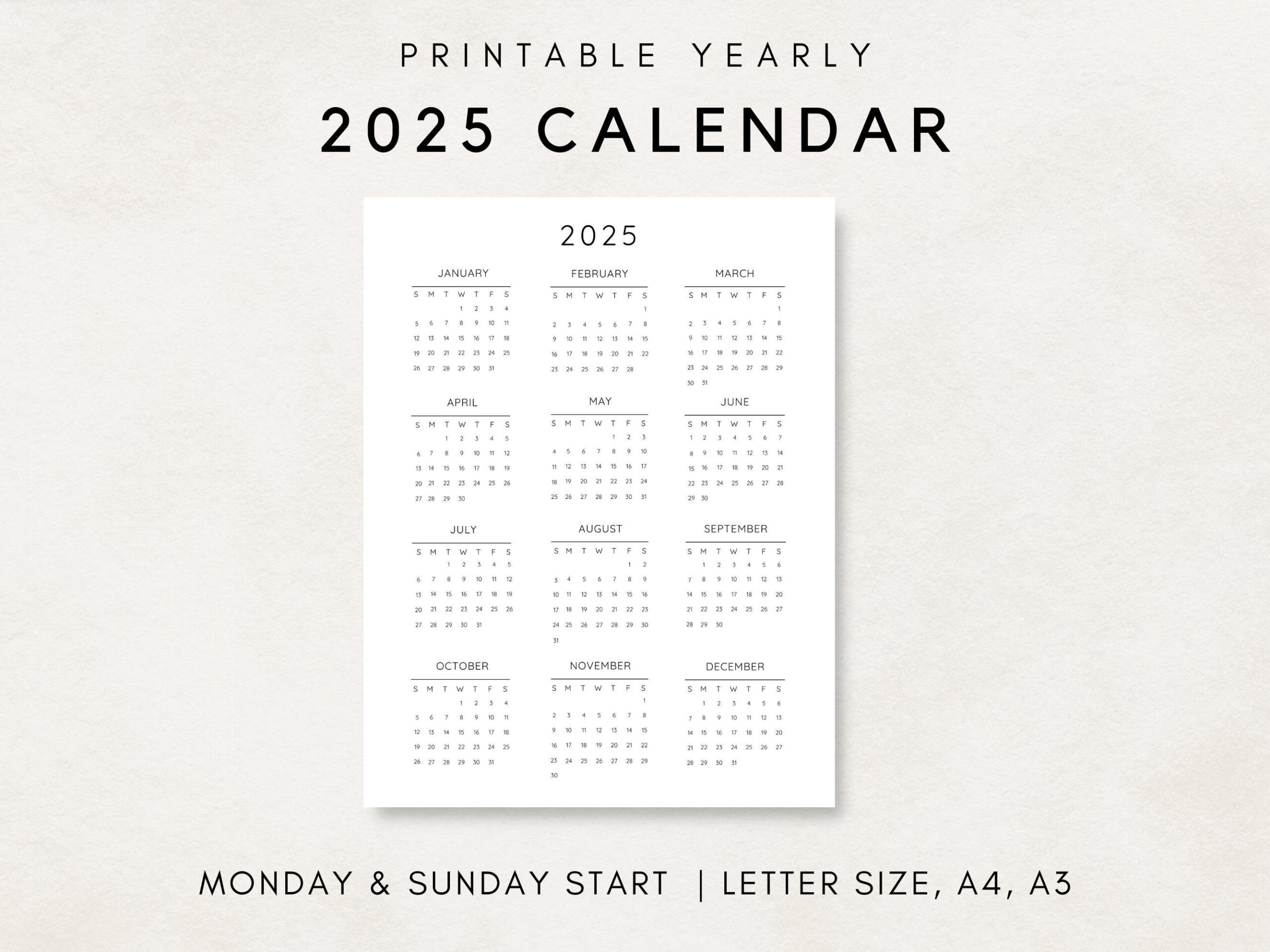 2025 Jahreskalender, Druckbarer Kalender, 2025 Kalender, 2025 | 2025 Calendar Printable Yearly