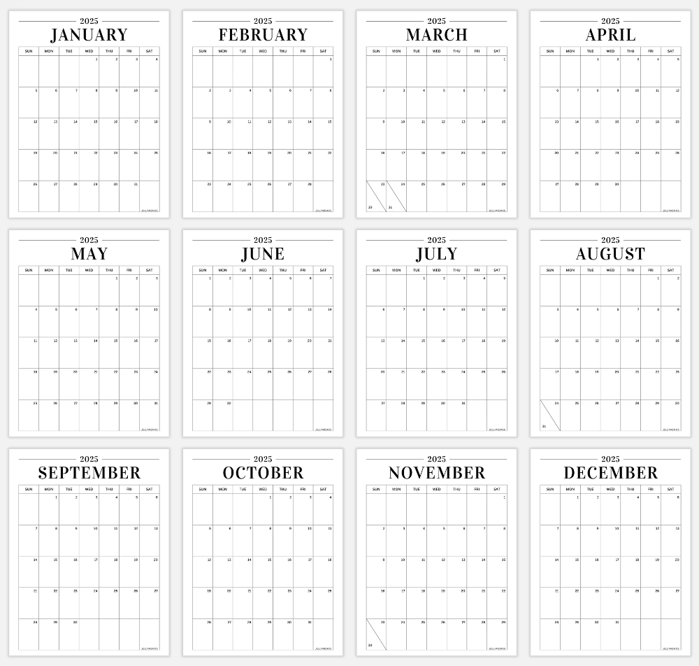 2025 Minimal Calendar Printable (Vertical &amp;amp; Horizontal!) - Jellymemos | 2025 Month at a Glance Calendar Printable