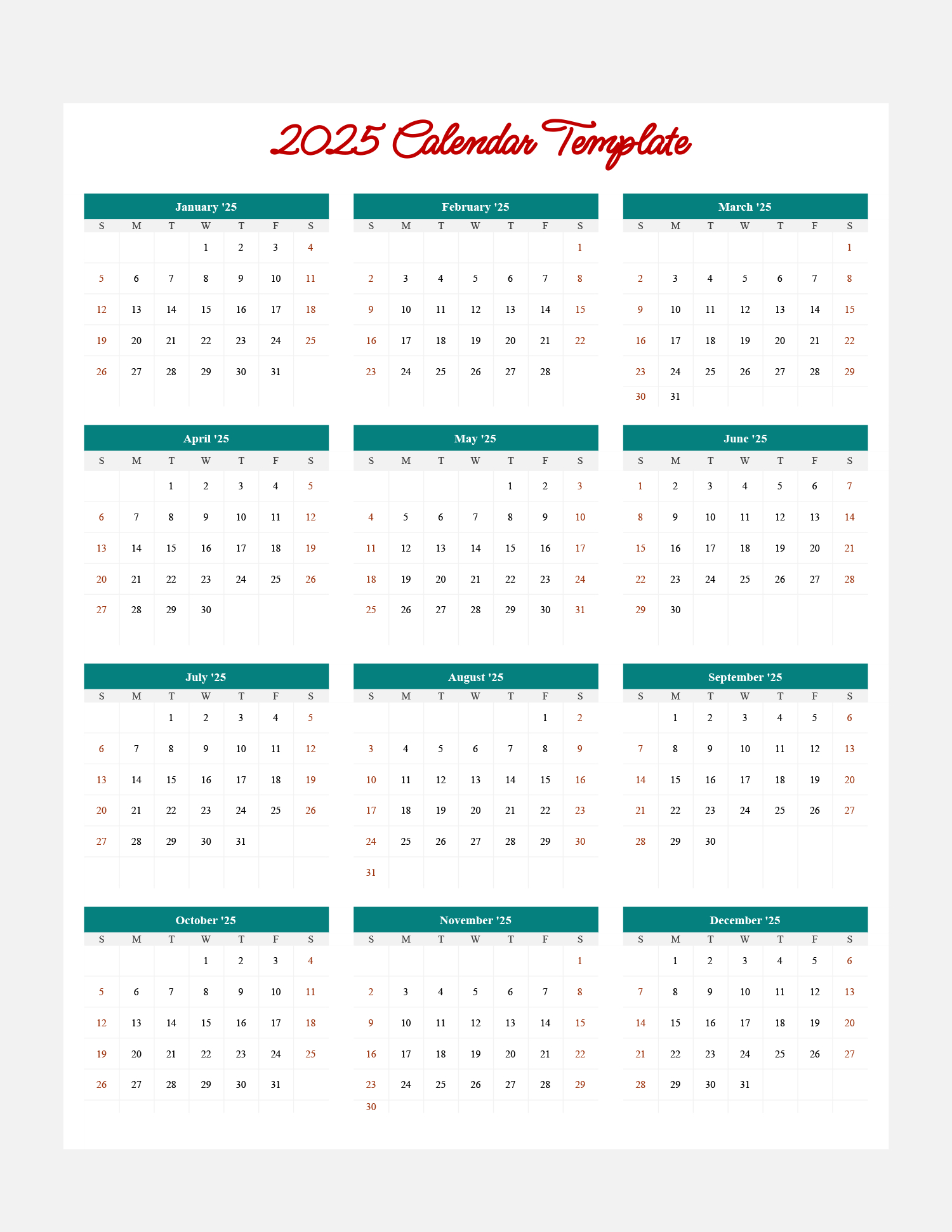 2025 Minimal Calendar Template - Google Sheets - Highfile | Calendar 2025