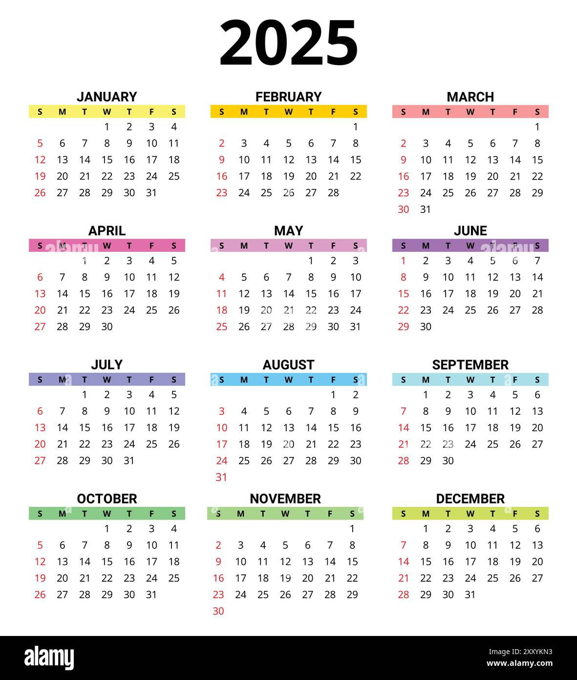 2025 Month Printable Color Calendar. Modern Vector Template | Calendar 2025