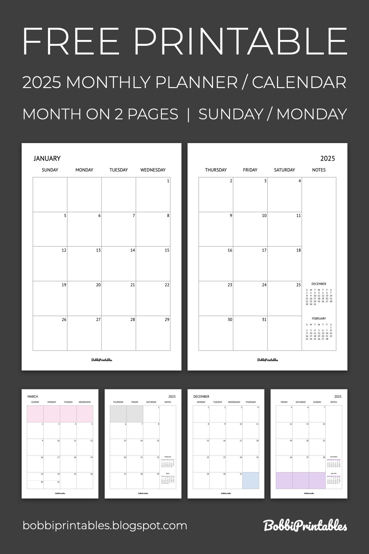 2025 Monthly Planner Calendar Free Printable - Month On 2 Pages | 18 Month Calendar 2025 On 2 Pages Printable Free