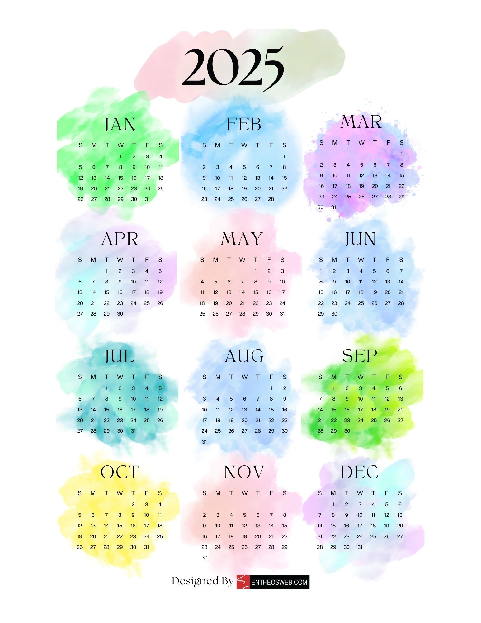 2025 Pdf Calendars – Free Downloads | Entheosweb | Colorful Printable Calendar 2025